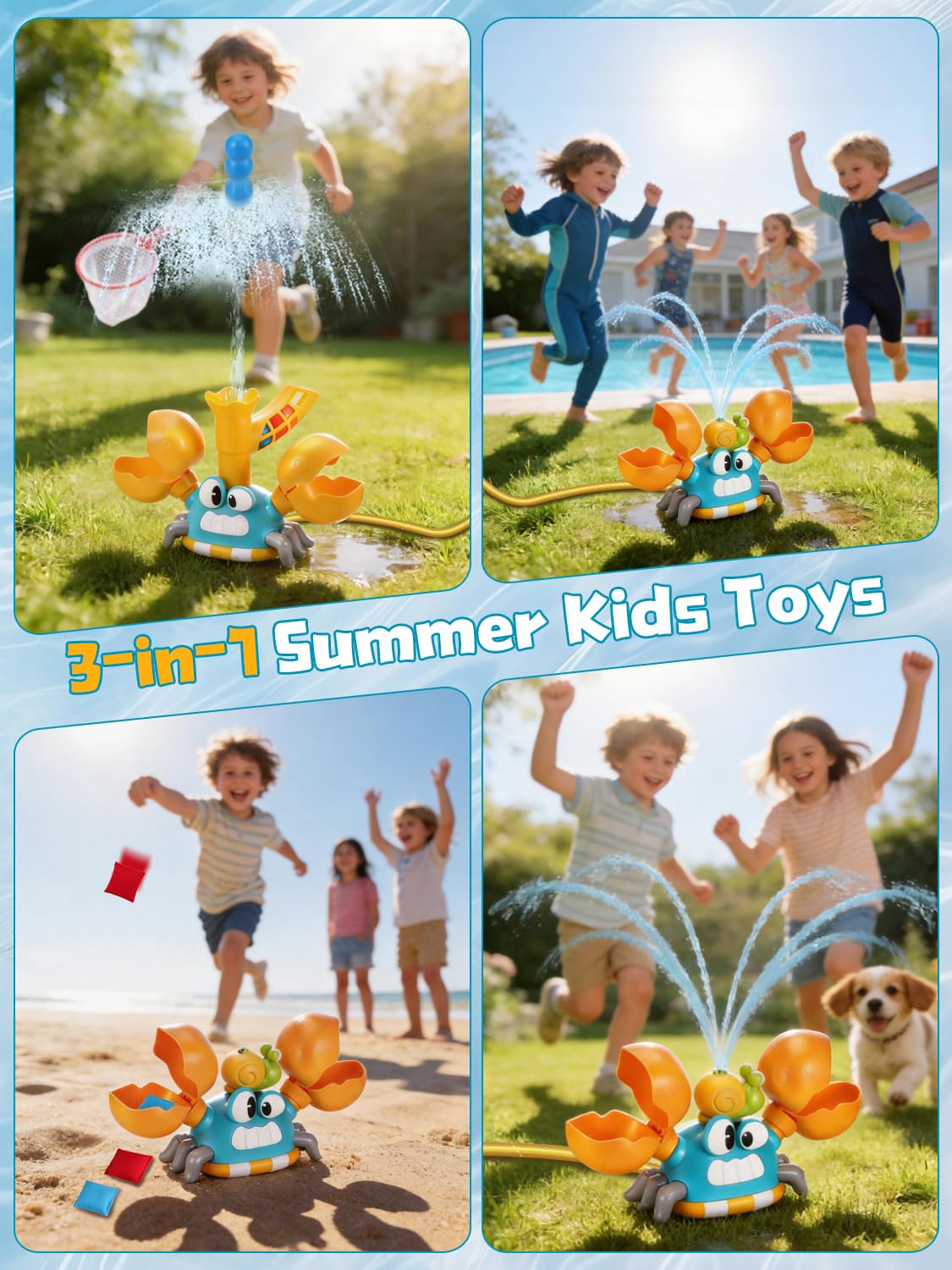 3-in-1 Giochi da Giardino da Esterno, Irrigatore per Bambini Forma di Granchio con Prendi la Palla e Lancia, Regalo Creativi per Bambino, Il Giocattoli Estivo Perfetto per Bambini 3 4 5 6 7 8 9 Anni