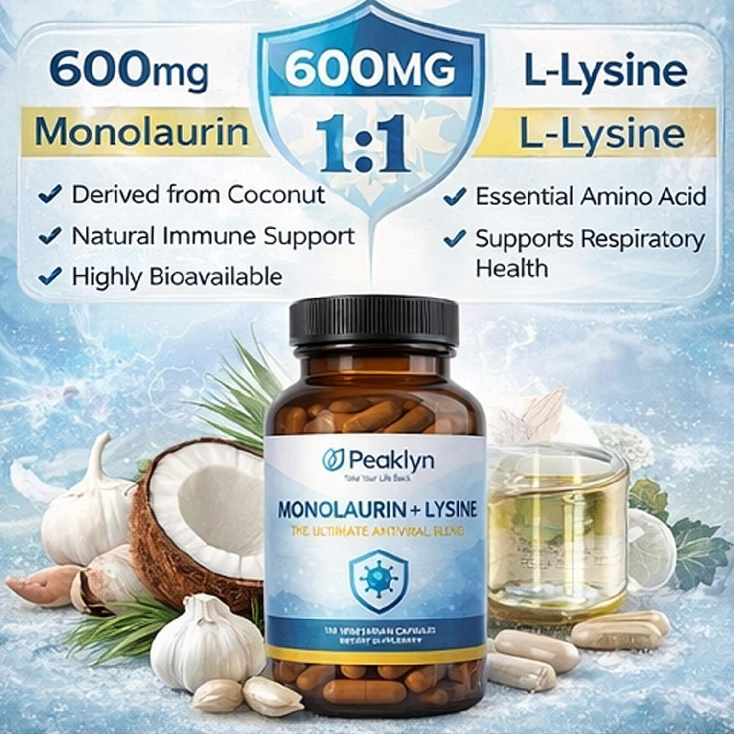 Peaklyn L-Lysine and Monolaurin Capsules, 600mg 1:1 Ratio Formula, 120 Capsules