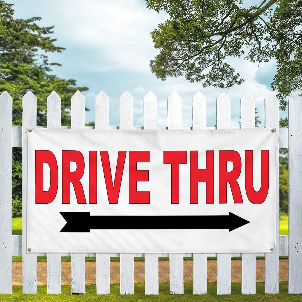 Vinyl Banner Multiple Sizes Drive Thru Red Background Business Outdoor Weatherproof Industrial Yard Signs 4 Grommets 16x40Inches