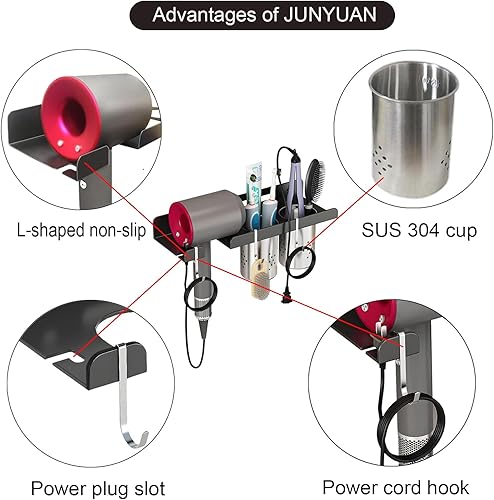 Miniatura 4 de Soporte de pared para secador de pelo para estante de baño, 2 niveles organizadores de baño para secador de pelo supersónico Dyson, soporte para