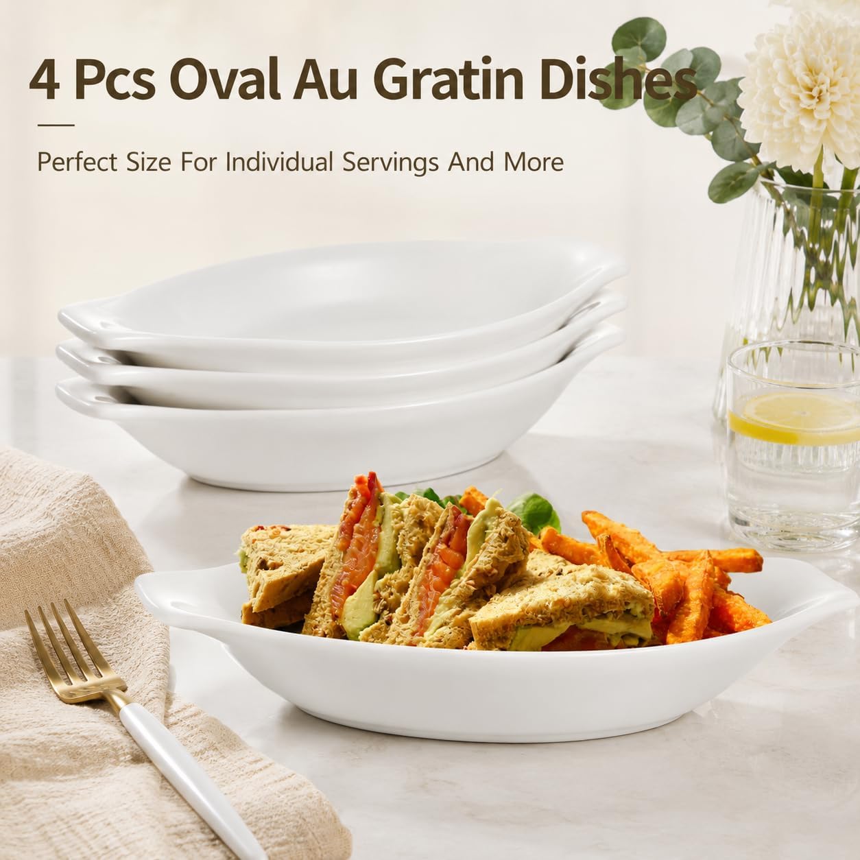4 PCS Oval Au Gratin Baking Dishes, Ceramic Banana Split Dish Boats, 10.2 x 5.3 in Oval Serving Dishes, Oven & Microwave Safe, Small Mini Casserole Dish with Dual Handle, Easy to Stack & Clean