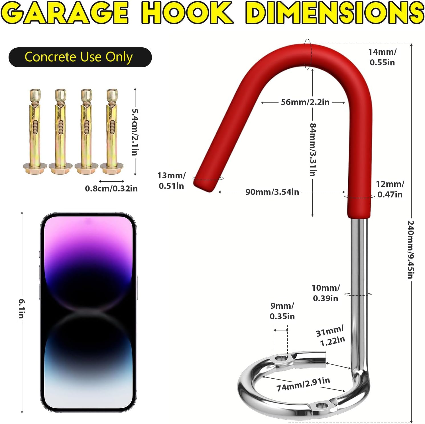 9.45" Garage Hooks Heavy Duty 330 lb – 2 Pack Long Bike/Ladder/Kayak Ceiling & Wall Hook Set – Anti-Slip PVC Coated Steel – Red