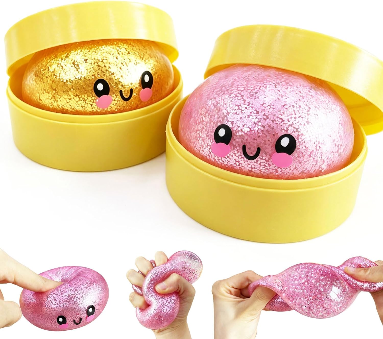 2 Pack Mini Dumpling Squishy Fidget Toys, Glitter & Bead Filled Stress Balls, Soft Slow Rising TPR Smiley Squeeze Toy, Tear-Resistant Sensory Toy for Stress Relief, Party Favors (Pink & Gold)