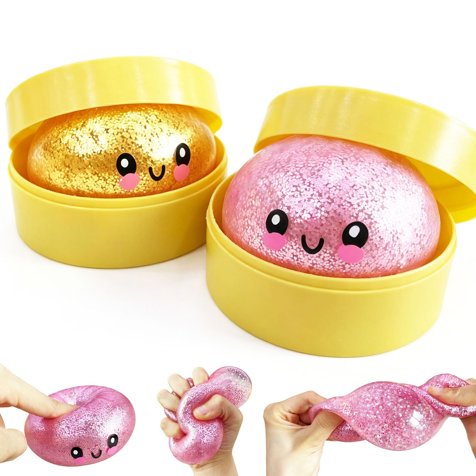 Photo 1 of 2 Pack Mini Dumpling Squishy Fidget Toys, Glitter & Bead Filled Stress Balls, Soft Slow Rising TPR Smiley Squeeze Toy, Tear-Resistant Sensory Toy for Stress Relief, Party Favors (Pink & Gold)
