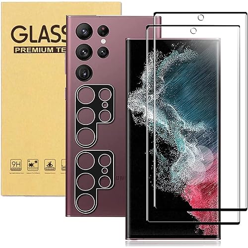 [2+2Pack] Galaxy S22 Ultra Screen Protector Tempered Glass + Camera Lens [9H Hardness][Compatible Fingerprint] 3D Curved HD Clear Glass Film For Samsung Galaxy S22 Ultra Screen Protector (6.8")