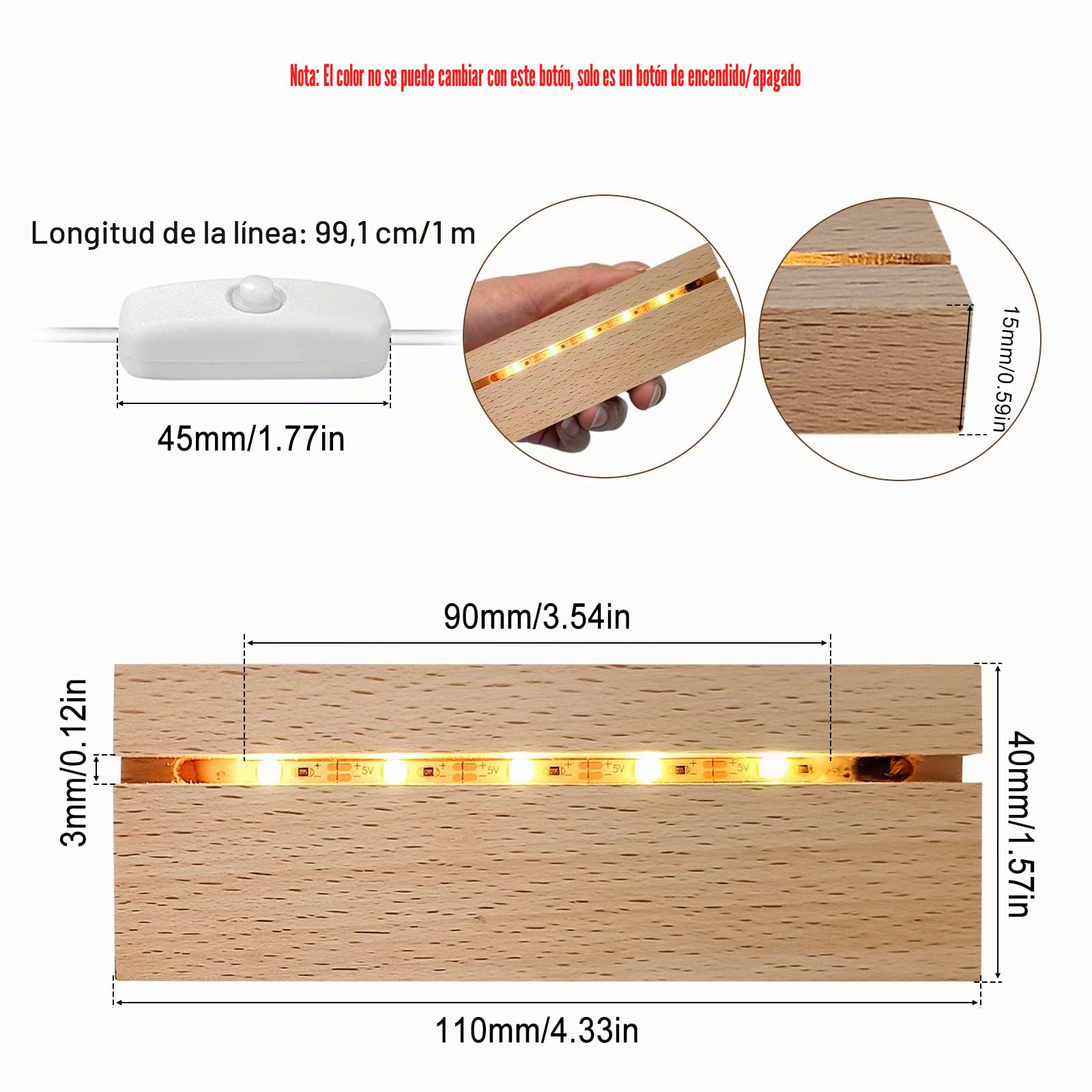 Base de madera con luz LED, base de exhibición de luces LED de 4.33 pulgadas, pedestal rectangular para decoración del hogar (8 piezas)