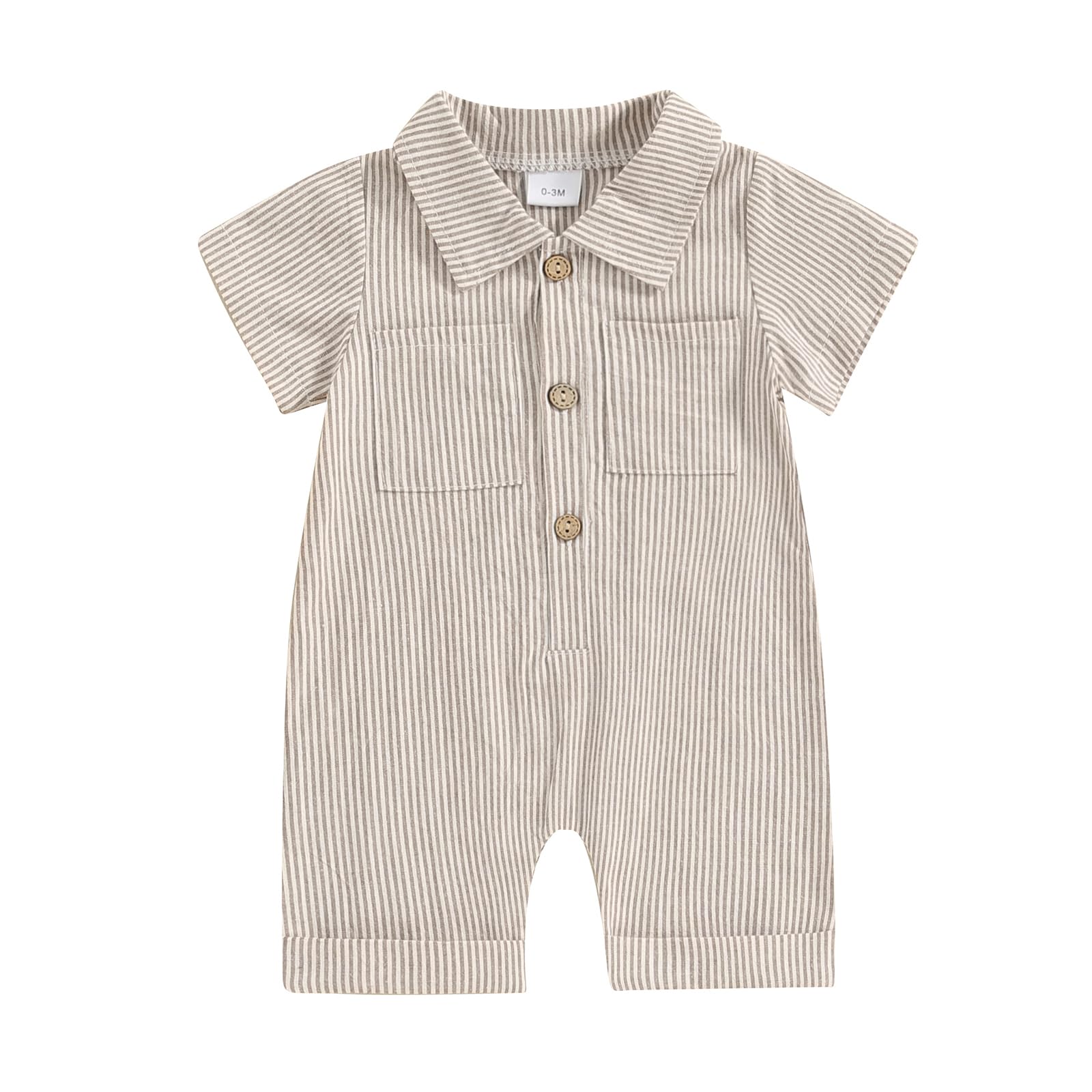 niceclould Baby Boy Vertical Striped Romper with Pockets One Piece Lapel Neck Short Sleeve Buttons Jumpsuit Spring Summer (C-Beige, 12-18 Months)