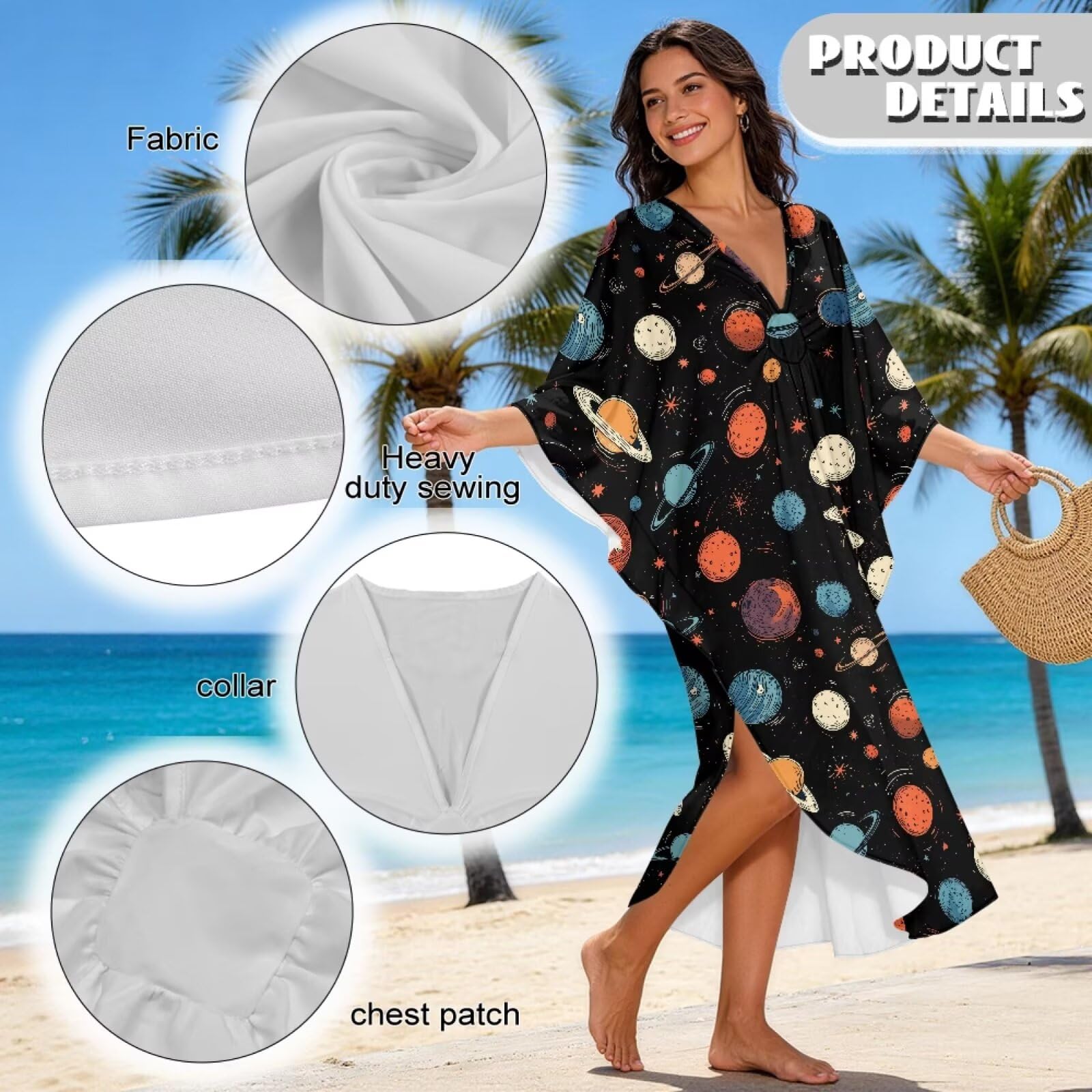 Poceacles Damska sukienka plażowa z dekoltem w serek z nadrukiem kaftan letnia jesienna sukienka maxi boho wakacje bikini strój kąpielowy okrycie