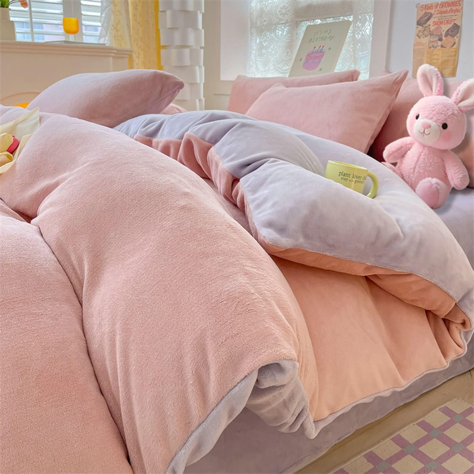 Juego de Funda Nordica 4 Piezas para Cama 180, 220x240cm, Bajera 180x200cm y 2 Fundas Almohada, Color Sólido Bicolor, Terciopelo Suave, Rosa Púrpura Claro