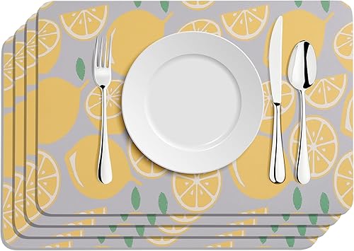 Juego de 4 manteles individuales de cuero lavable, antideslizantes y resistentes al calor, patrones de limón adecuados para decoración de mesa,