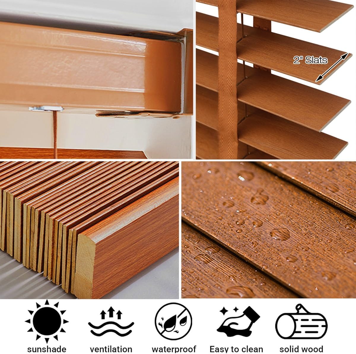 2" Slats Faux Wood Blinds for Indoor Windows, Cordless Wooden Window Blinds, Privacy Blackout Blinds, Horizontal Venetian Blinds & Shades for Bedroom, Bathroom, Living Room(Brown)