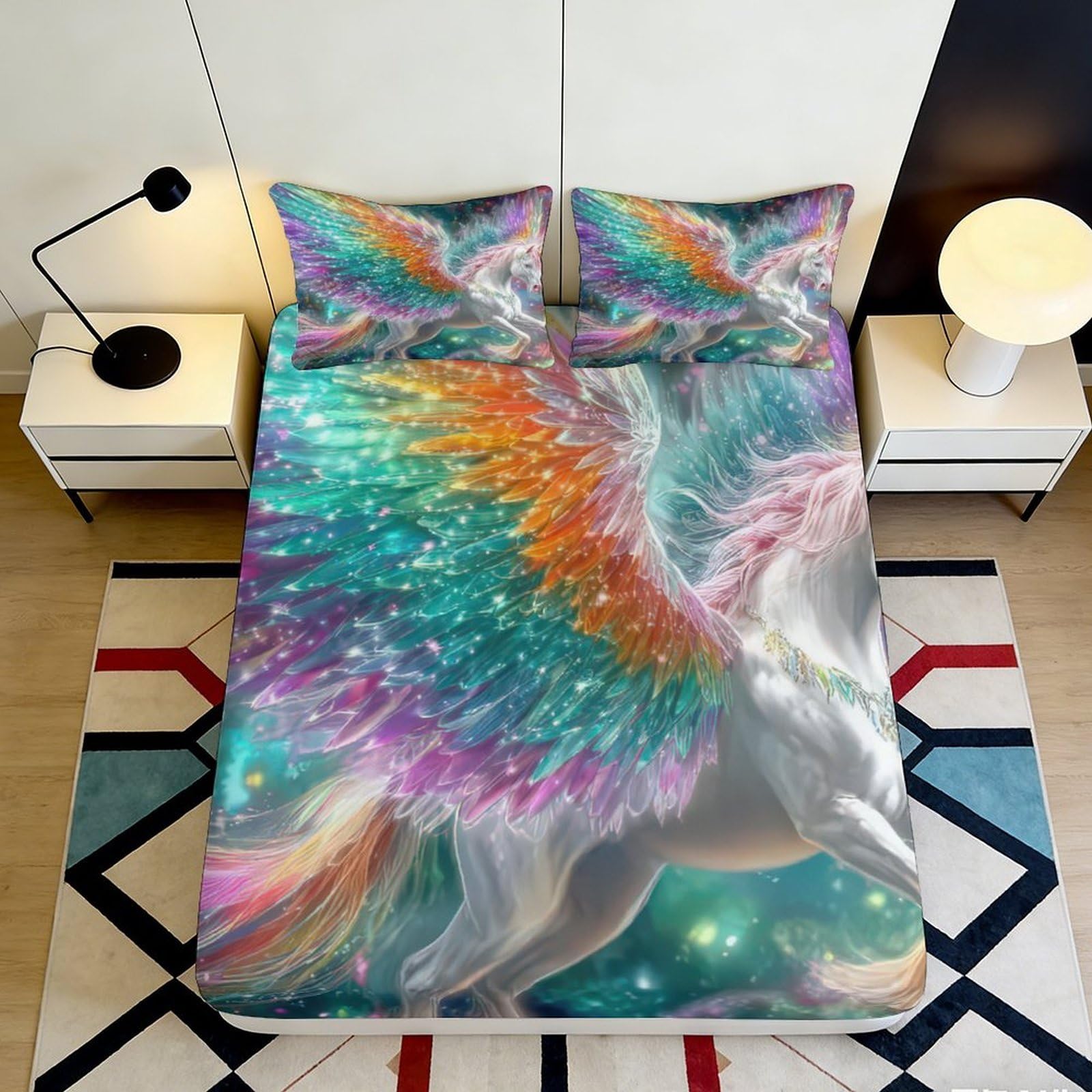 3D Printed Rainbow Unicorn Fitted Sheet Microfiber Soft Durable Fantasy Dream Mattress Cover for Bedroom Dorm Decor 90x200x25cm