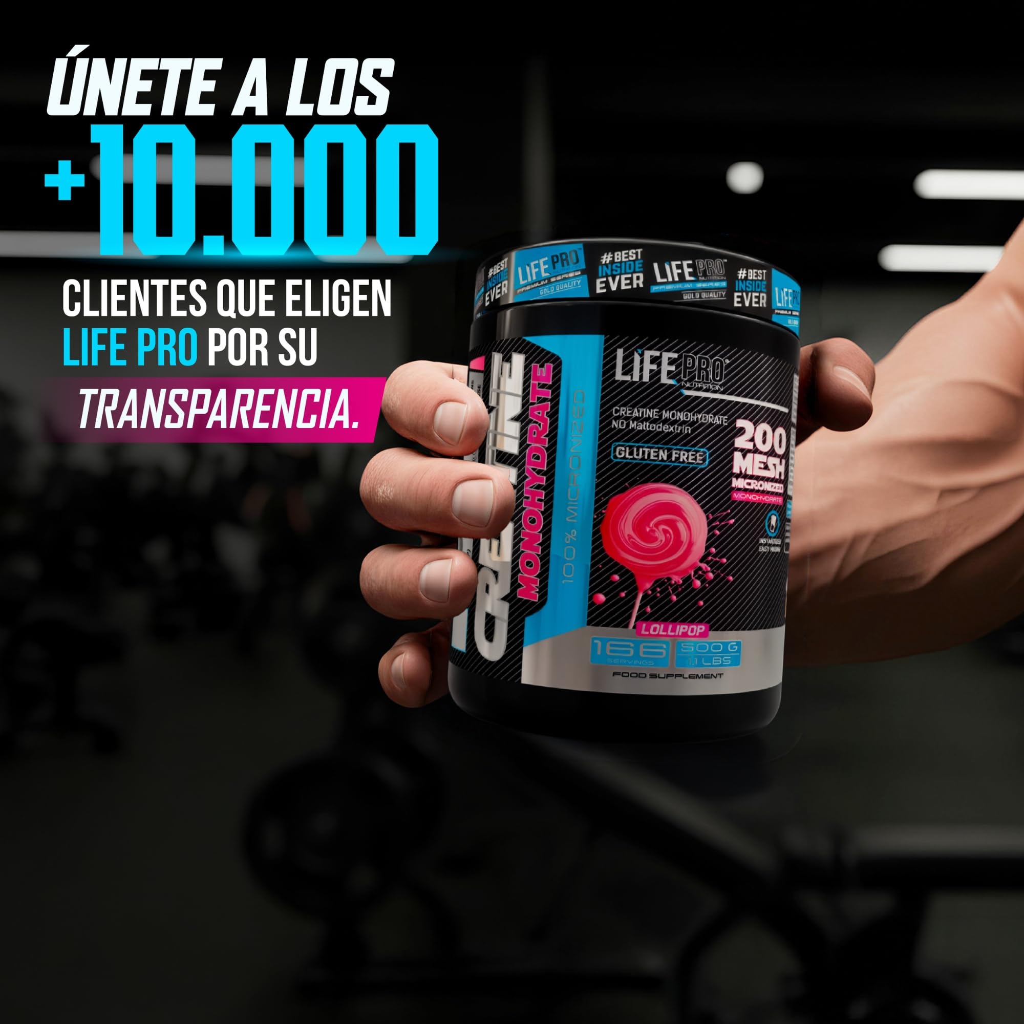 Life Pro Creatina Monohidratada 200 Mesh Micronizada, Creatina Polvo con 99.9% Pureza, Aumenta Resistencia y Fuerza, Absorción Rápida, Entrenamiento y Rendimiento Deportivo (500g, Lollipop)