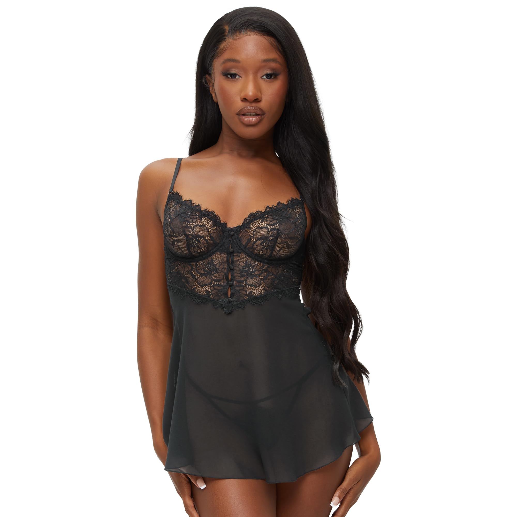 Ann Summers Black Iris Lace Underwired Babydoll Lingerie 2 Piece Set, L