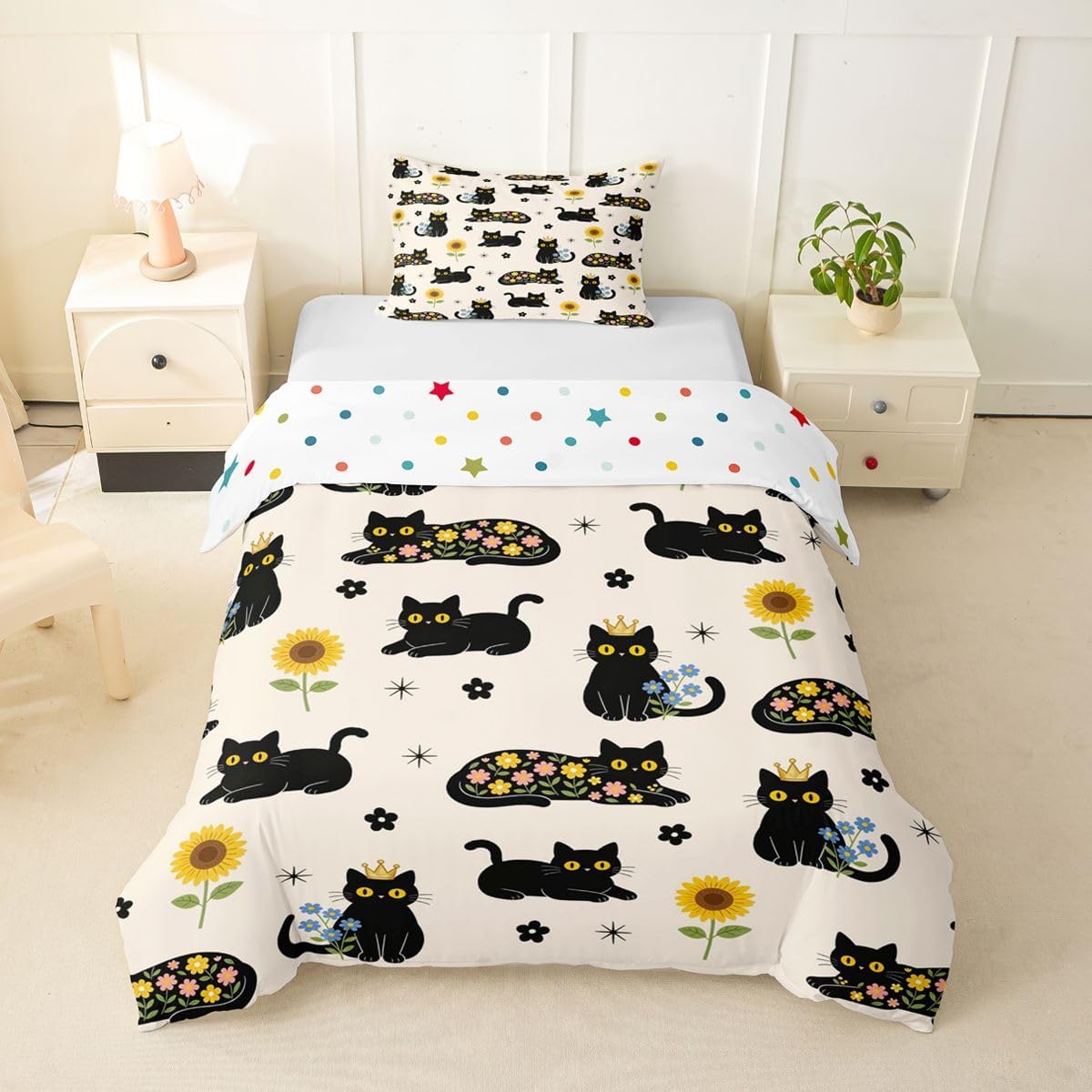 Erosebridal Cute Black Cat Toddler Duvet Cover Funny Floral Cats Bedding Set Cartoon Sunflower Animal Comforter Cover for Kids Boys Girls,Boho Style Bed Set
