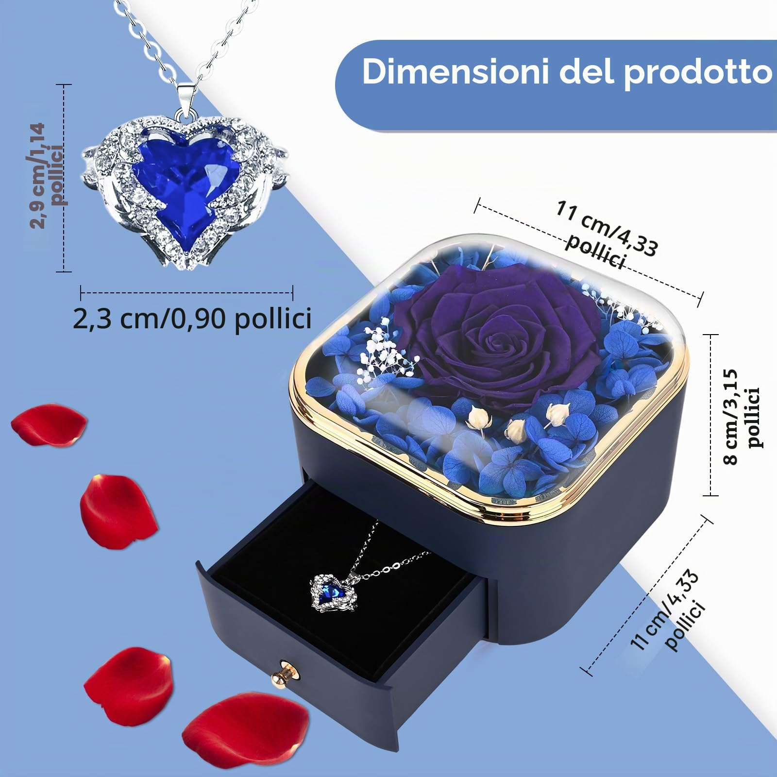 Rosa Blu Stabilizzata Collana Regalo per Lei Fidanzata Mamma Moglie Valentino Natale Anniversario