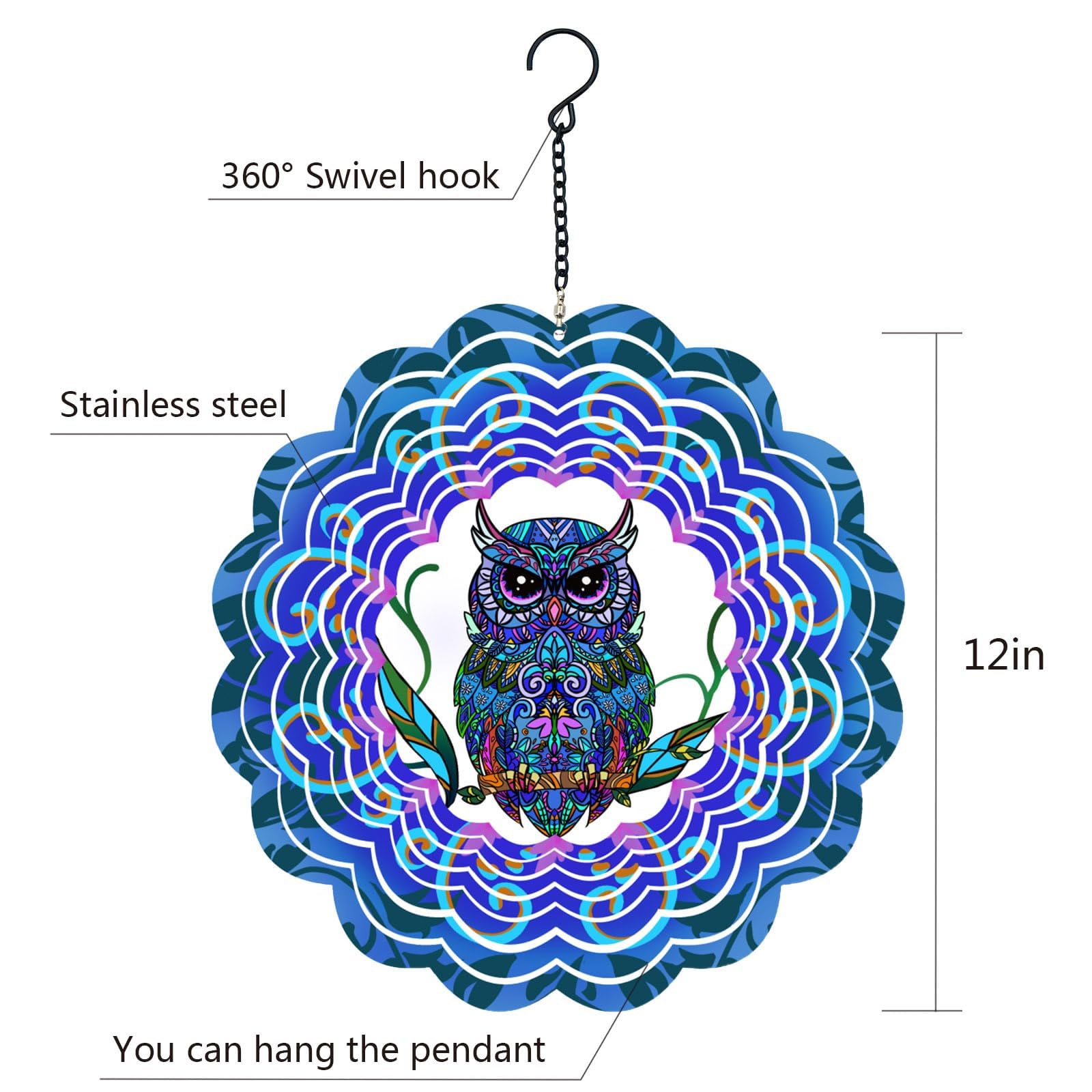 Owl Metal Wind Spinner Gifts for Women Unique, Owl for Mom Grandma Wife, Kinetic Yard Garden Art Decor Outdoor Hanging 3D Stainless Steel Wind Spinner/12-inch