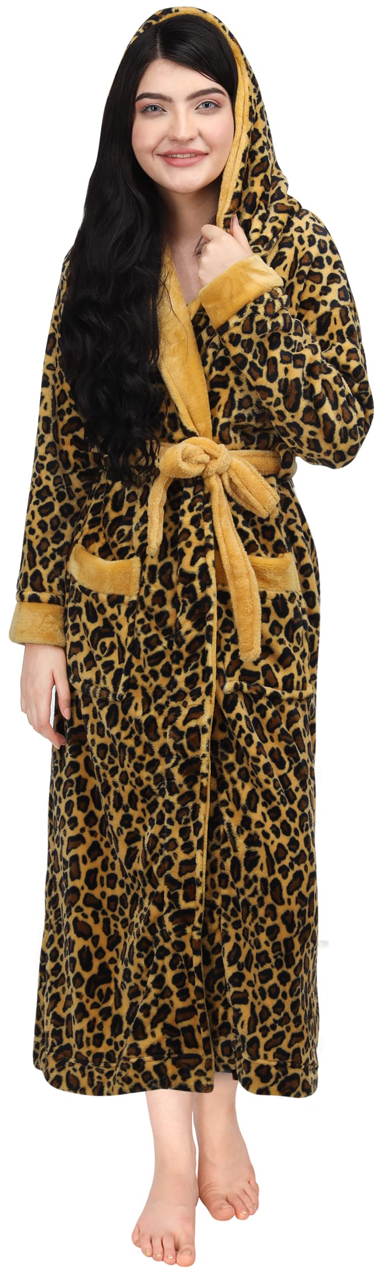 NY Threads Womens Fleece Hooded Bath Robe Plush Long Robe, Leopard