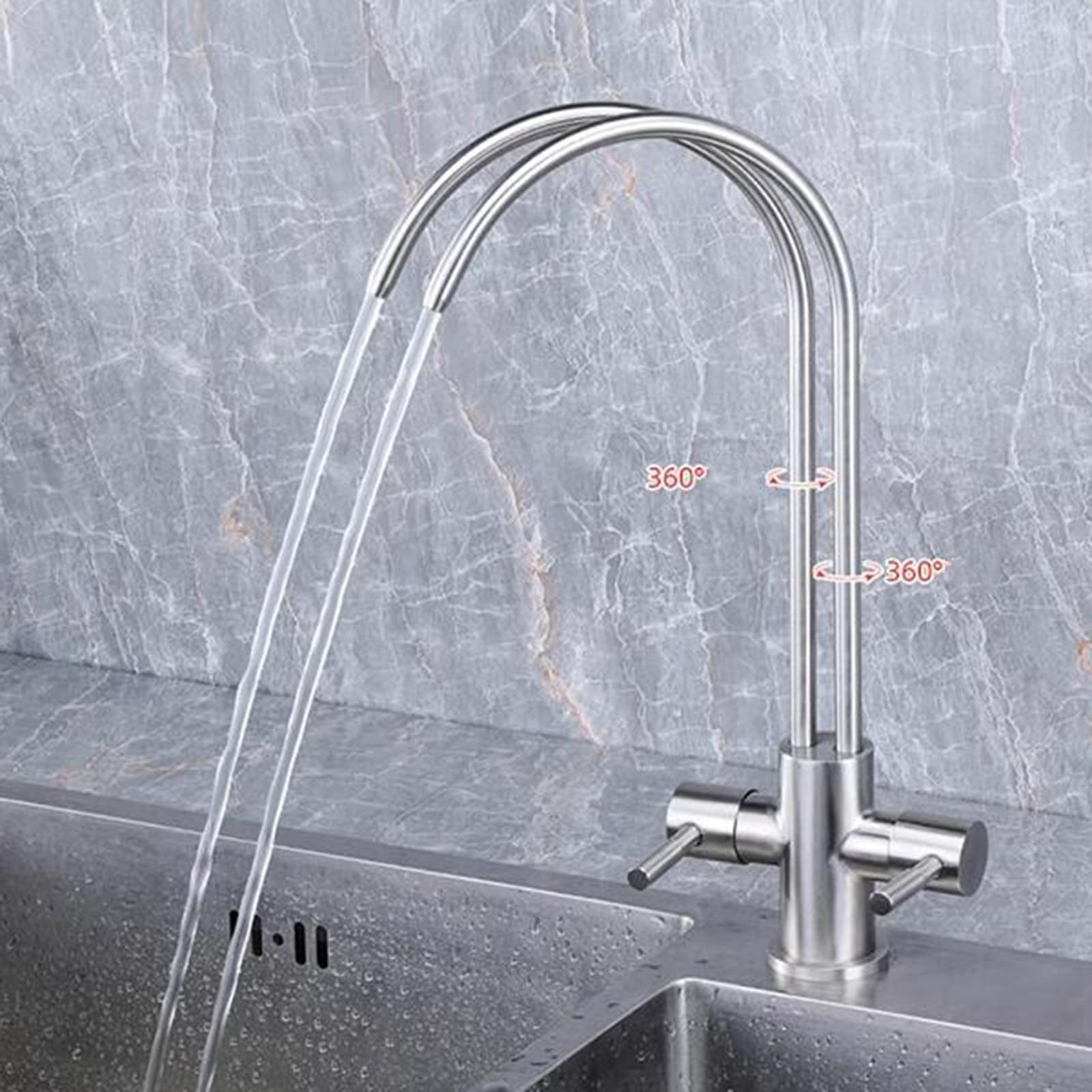 Grifo con Filtro de Agua, Doble Tubo, Doble Salida, Grifo de Agua purificada, Acero Inoxidable, Cepillado