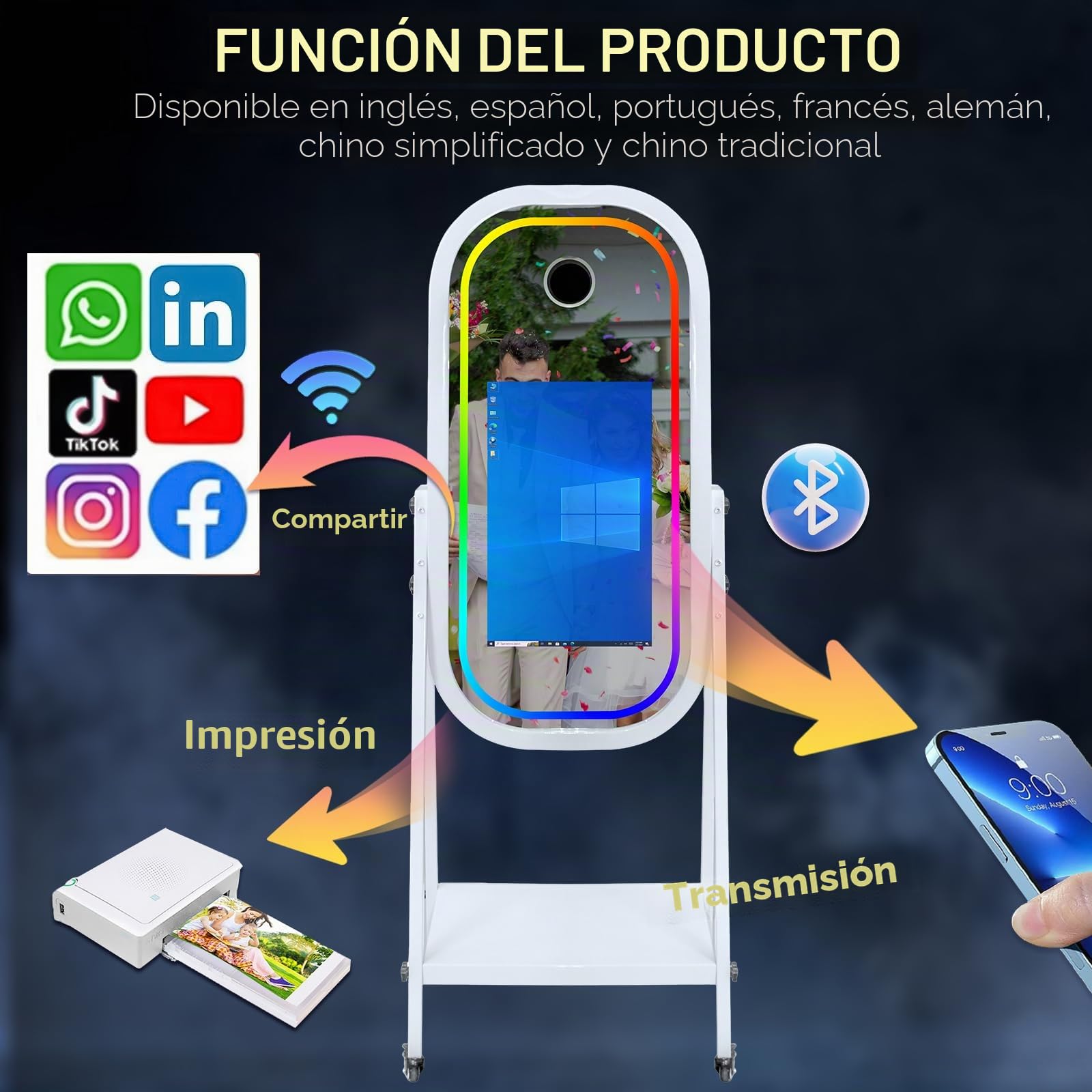 Máquina de fotomatón de espejo mágico con pantalla táctil de 21.5 pulgadas, máquina de fotomatón para selfie, luz RGB para eventos, alquiler de bodas, fiestas (Máquina + cámara + mini impresora)