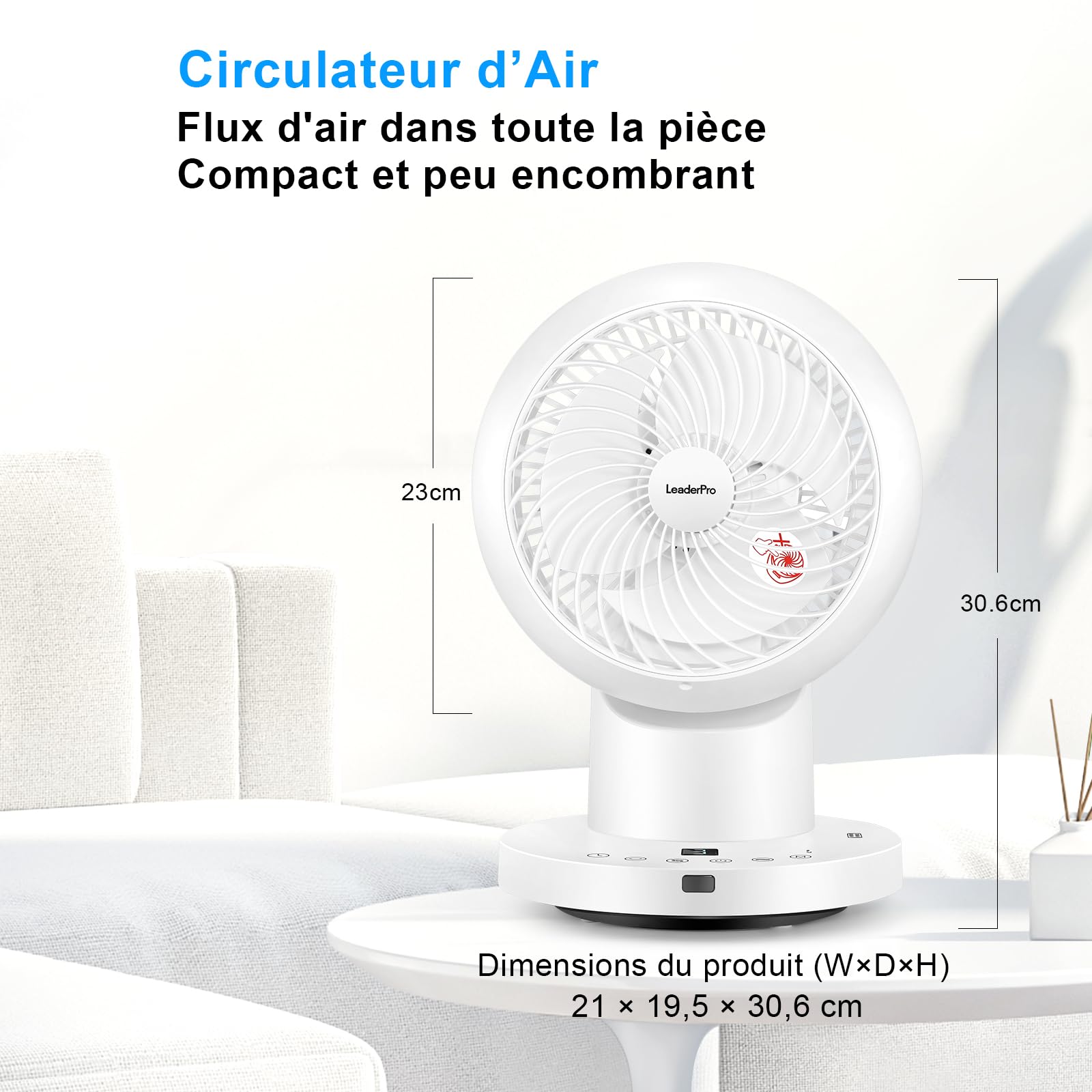 LeaderPro Ventilateur de Table avec Télécommande, 32 W, Ventilateur Silencieux avec 4 Vitesses, Minuterie 8 h, Oscillation à 70°, pour Bureau et Chambre à Coucher, Blanc, Débit d’Air 804 m³/h