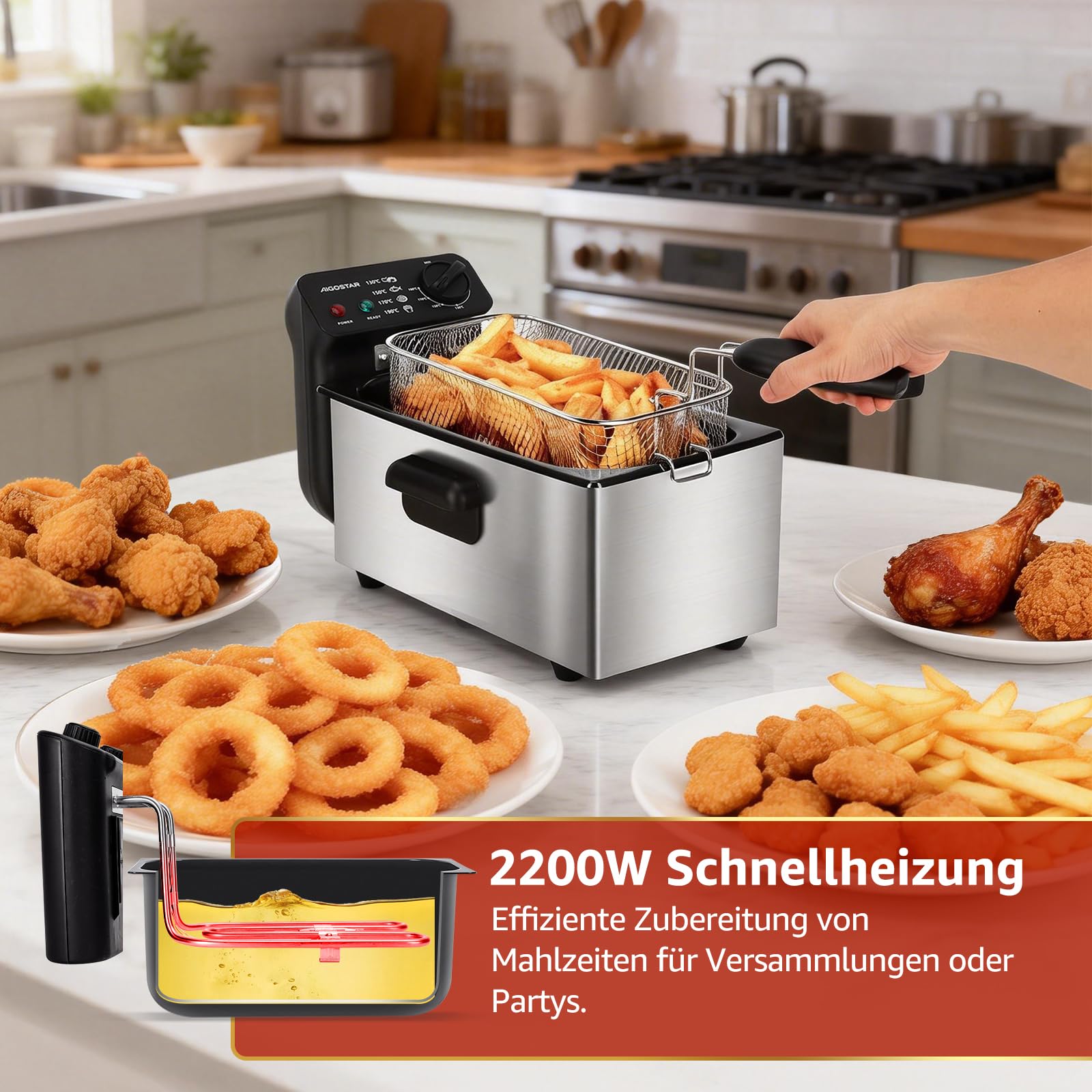 Aigostar Ushas - Fritteuse 3L, 2200 W, Transparenter Deckel, Herausnehmbare Innenpfanne, Einstellbarer Thermostat, Wedelstahl, BPA-frei
