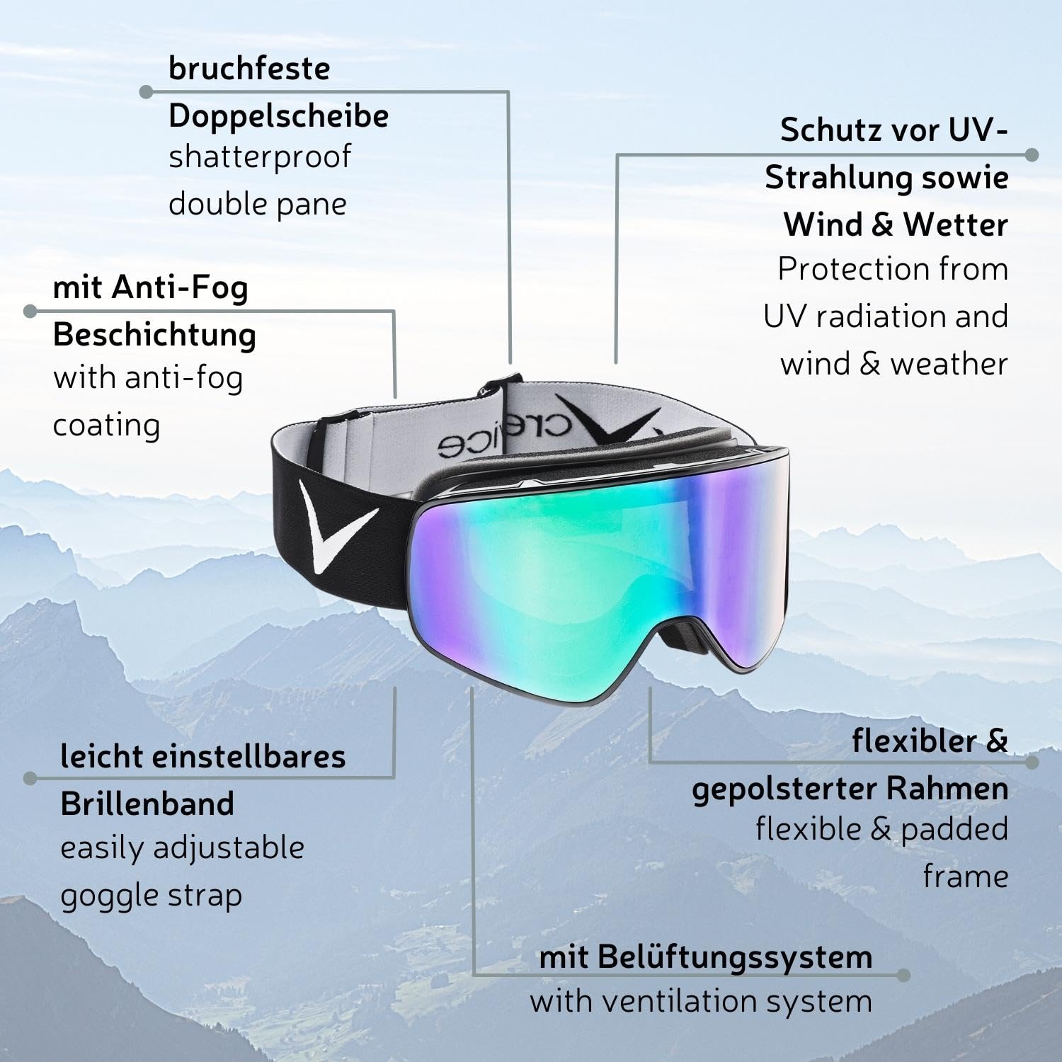 Black Crevice Skibrille im Frameless Design I Ski-Brille I wechselbare Scheibe I bruchfeste Doppelscheibe I Anti-Fog-Beschichtung & UV 400 Schutz I größenverstellbar