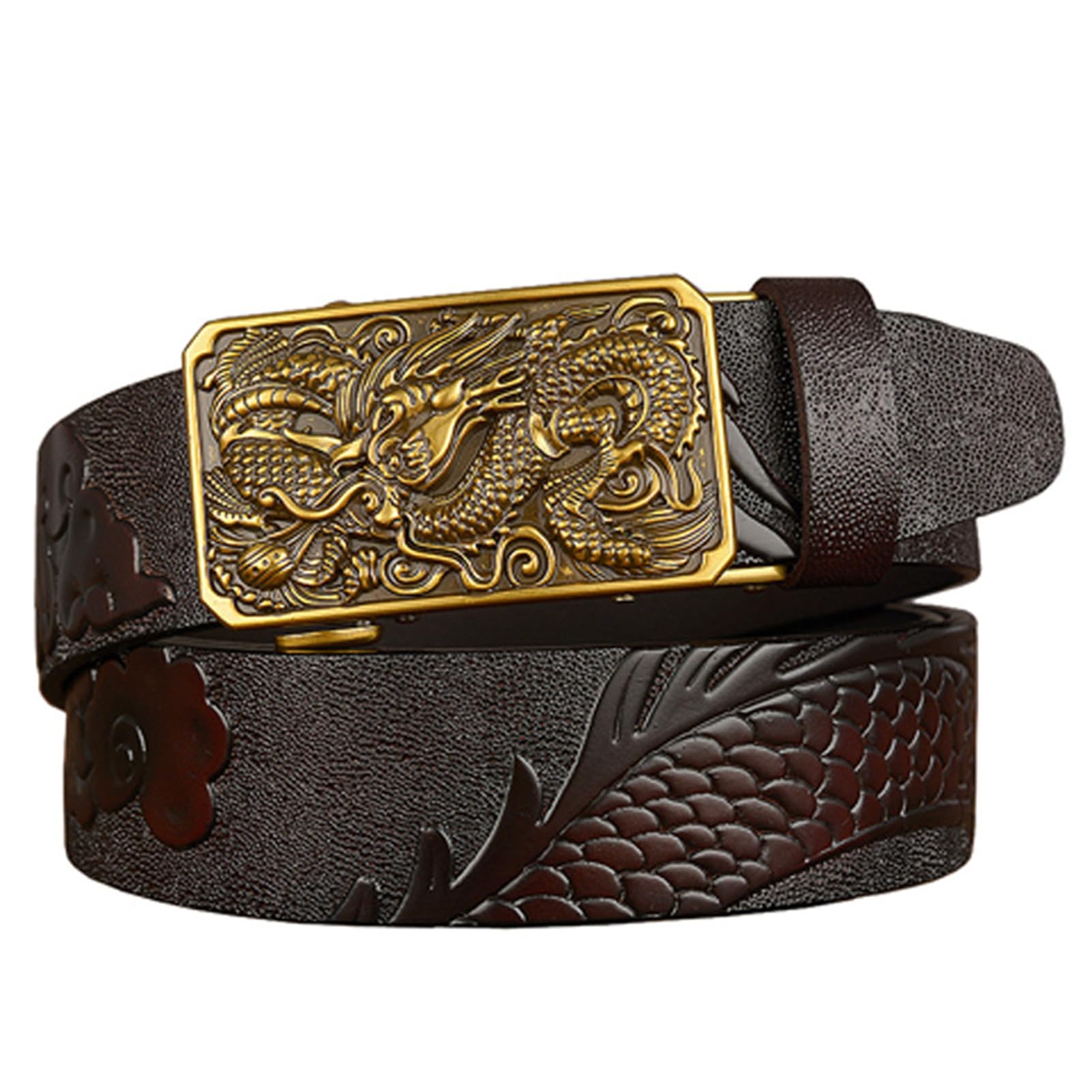 Cinturón De Vestir De Carraca para Hombre Hebilla Automática Deslizante Dragón Tallado Occidental En Relieve Cuero De Vaca De Grano Completo Correa De Grueso(130cm/51, Dragon-B)
