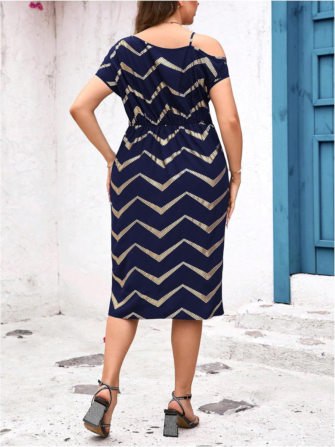 Floerns Women's Plus Size Printed Asymmetrical Neck Twist Dress Party Elegant Midi Dresses - Image 3