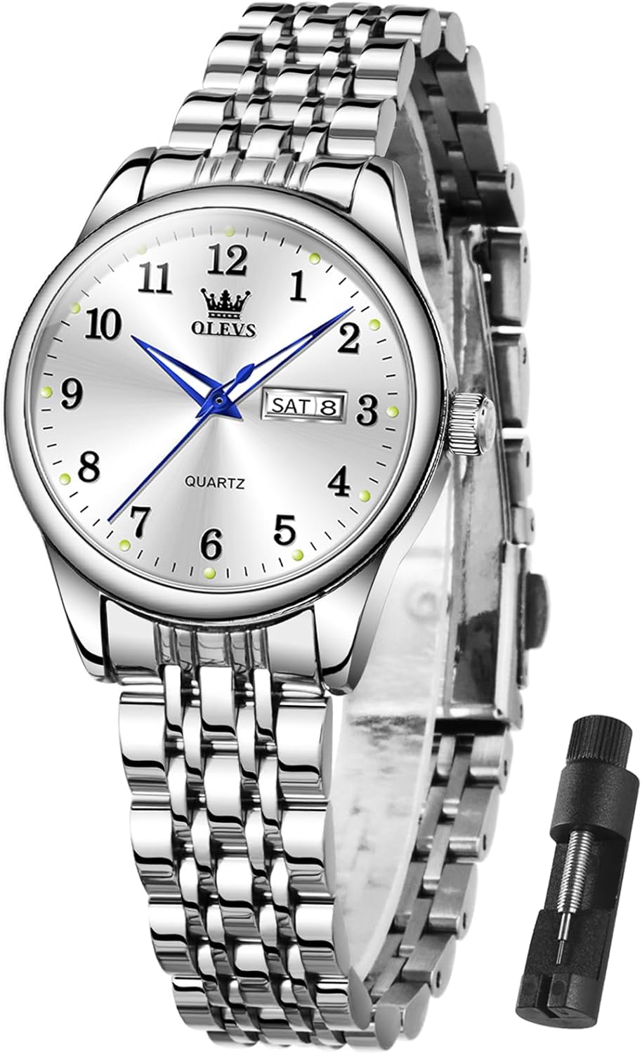 OLEVS Women Watches Date and Day,Ladies Watches with Silver Gold Stainless Steel,Elegent Female for Small Wrist Watch(White/Black/Blue/Gold Face)