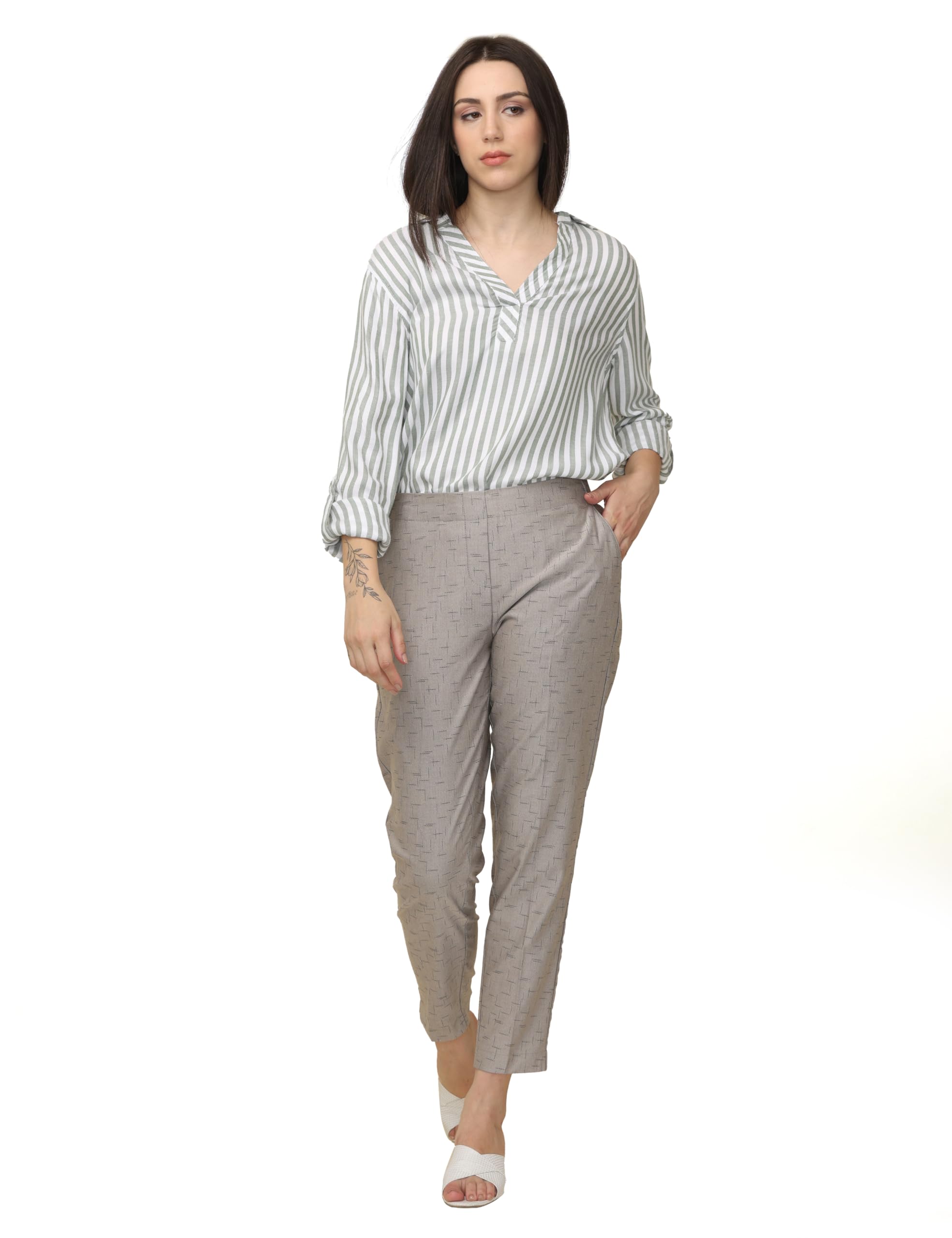 Women's Polyester Solid Formal Elasticated Trousers Pant | Stripped Regular Fit for Office | Formal | (Grey)-image-16