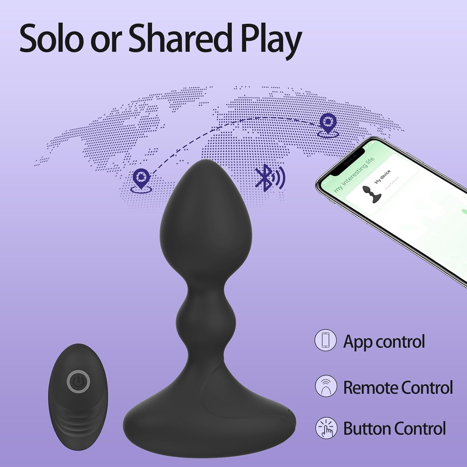 Image depicting the Intoxicate vibrator with options for App control, Remote Control, and direct Button Control, suitable for solo or shared experiences.