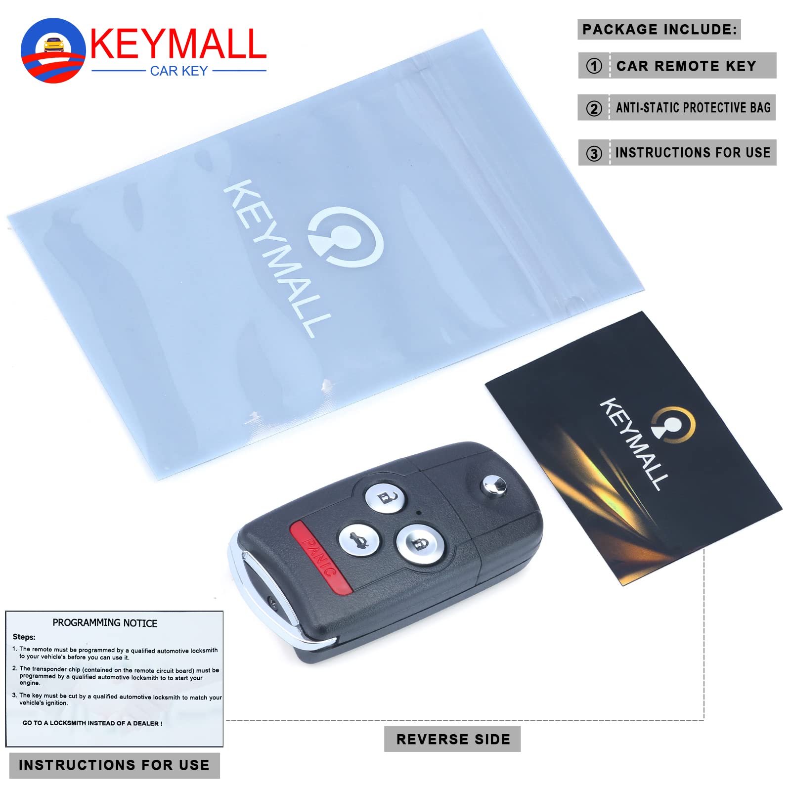 Keymall Telecomando di ricambio per chiavi auto per Acura MDX/RDX 2007 2008 2009 2010 2011 2012 2013 FCC ID:N5F0602A1A P/N:35111-STX-316 4 pulsanti..