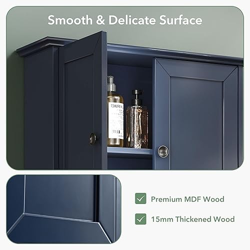 Miniatura 4 de Armario de baño azul montado en la pared, botiquines de madera sobre inodoro, gabinete de almacenamiento de 24 x 30 pulgadas, gabinete de pared