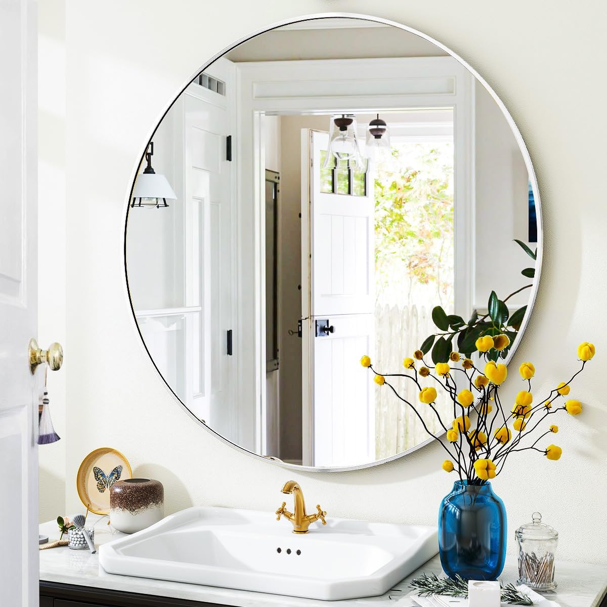 VooBang Silver Round Bathroom Mirror 24", Thin Metal Frame Wall Mirror | Circle Vanity Mirror for Over Sink, Hanging or Leaning Decor for Hallway, Entryway, Fireplace Mantel, Living Room