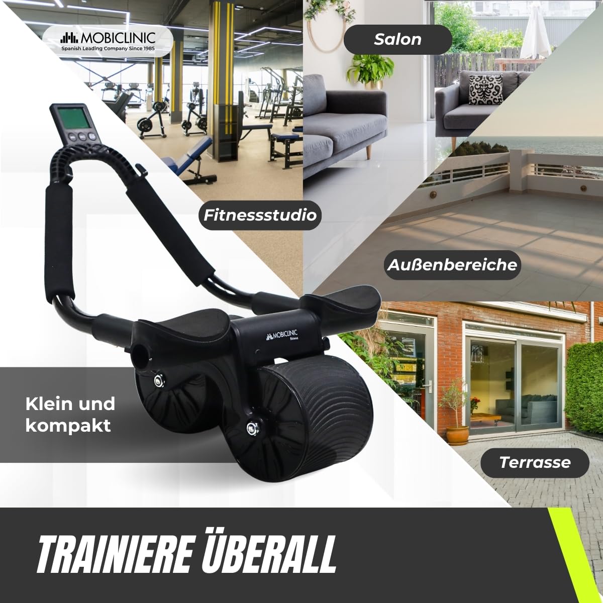 Mobiclinic®, Bauchroller mit rückholfeder, Ab roller, Ellbogenstütze, Digitaler timer, Antirutschmatte, Doppelrad, Handyhalter, Ra-02, Home gym, Fitness