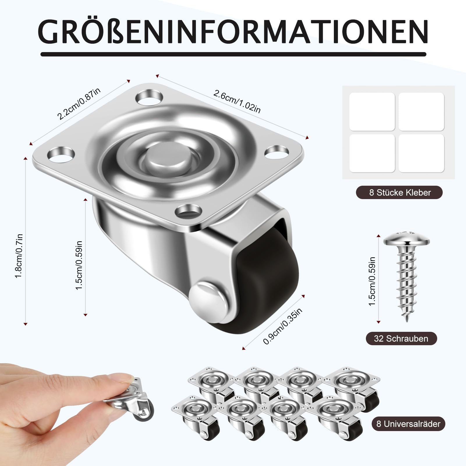 Meubelwielen, 8 stuks, 12 mm, klein, 360 graden zwenkwielen Meubelwielen, 8 stuks, 12 mm, klein, 360 graden zwenkwielen