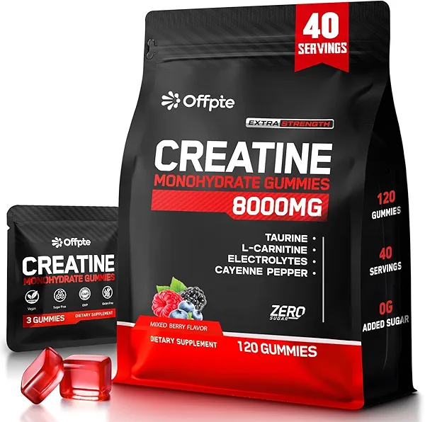 Creatine Monohydrate Gummies for Men & Women, Sugar-Free Vegan Chewable travel creatine packets(8g Per Packet) with Taurine for Muscle, Energy, Focus Support, Pre Workout Nutrition Supplements,120 Ct