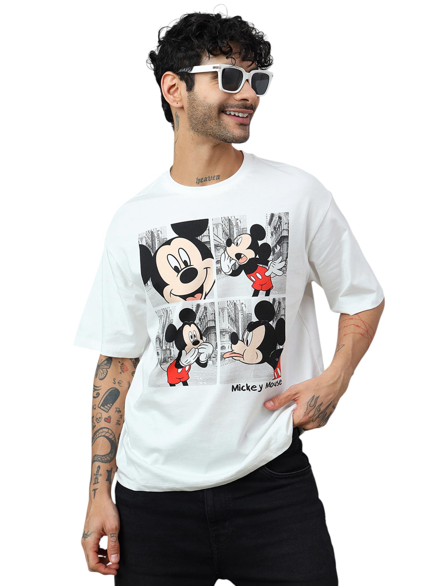Official Mickey & Friends Graphic Printed Pure Cotton White Oversized Tshirt for Men-image-15