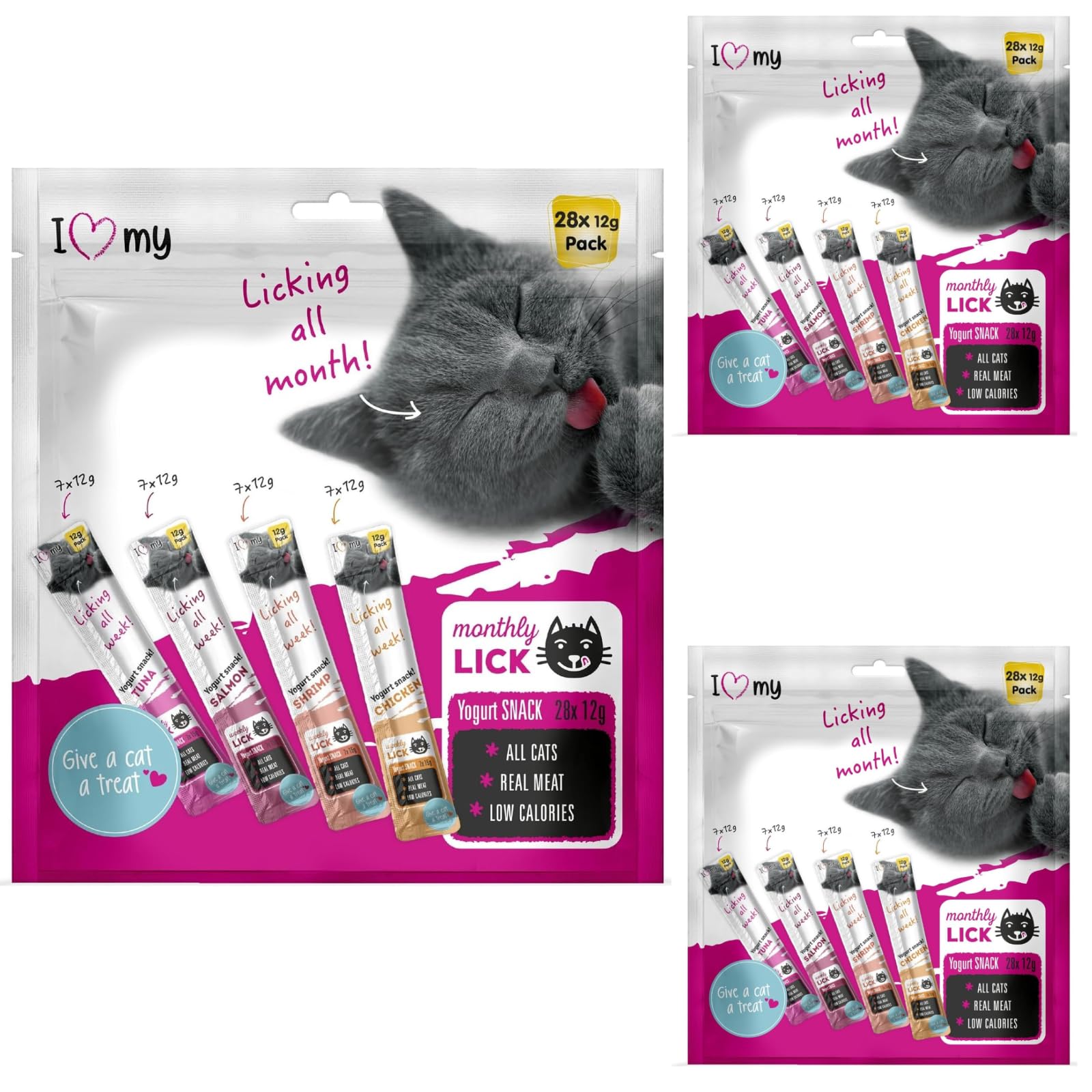 Cat Yoghurt Lickable Treats (75 Pack) Mixed Variety, Chicken, Salmon, Tuna & Shrimp, Creamy Cat Treats Made with Real Meat