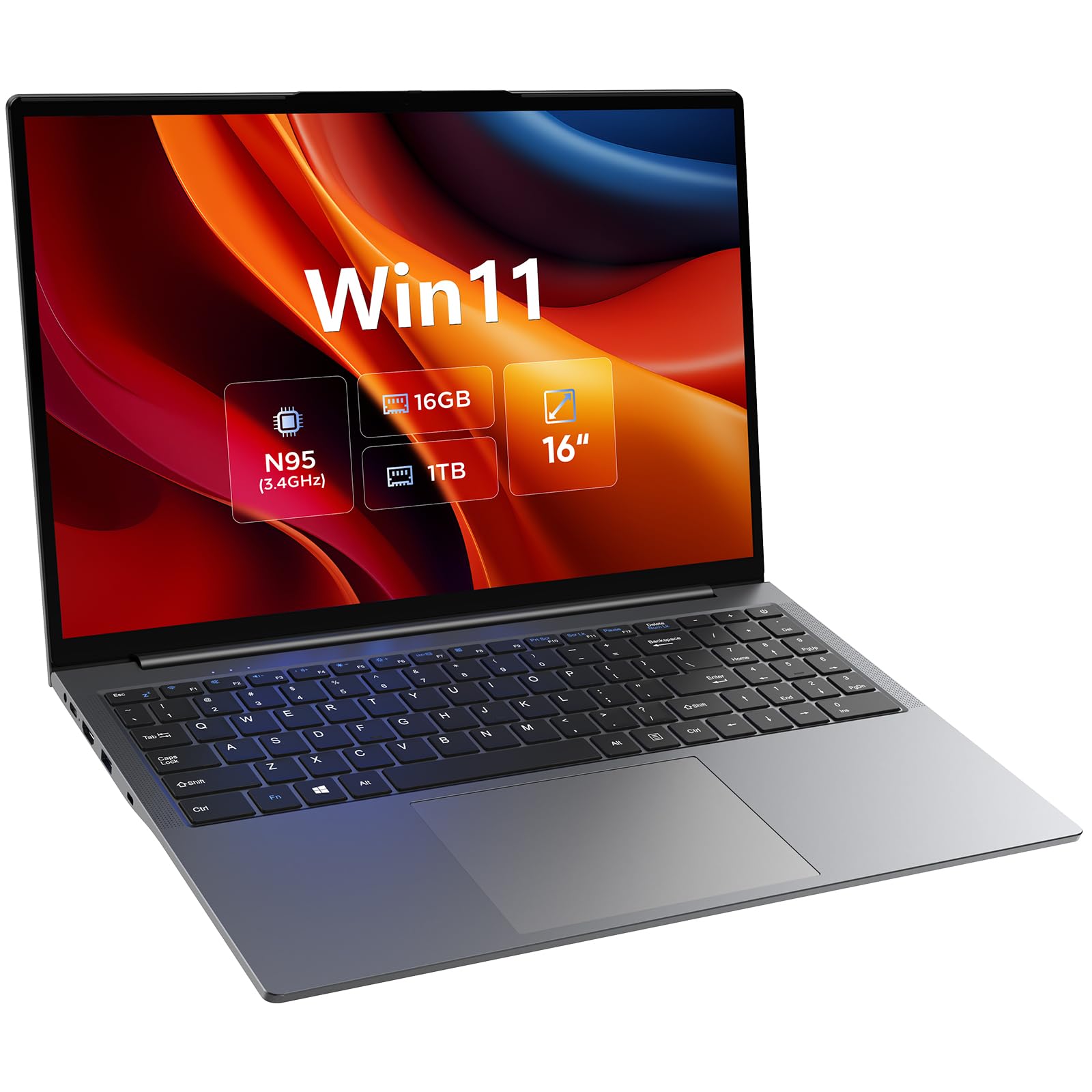 Laptop Computer 16 inch, Windows 11, 12th-gen N95, Quad Core, Up to 3.4GHz, 16GB DDR5 RAM, 1TB PCIe NVME SSD, 16" FHD IPS 1920x1200, 2.0MP, 2.4G+5G WiFi, BT 5.0, HDMI, RJ45, Type C, Gray