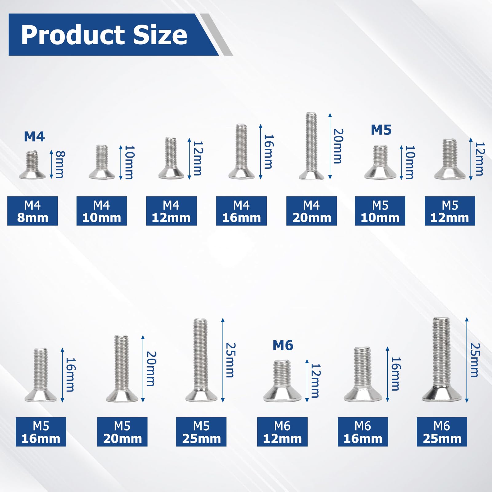 Juego de 260 tornillos planos M4/M5/M6 Hex Socket Acero Inoxidable 304, incluye estándar alemán A2-70 Flat Head Hex Socket Acero Inoxidable 304 tornillos para la industria electrónica