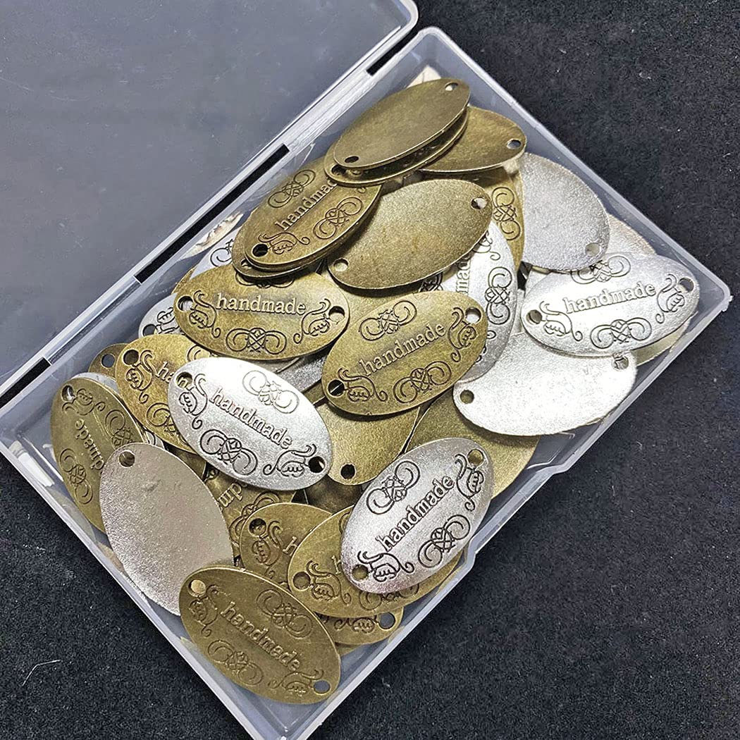 60PCS Etichette in metallo fatte a mano in lega Etichette Bottone in lega tibetana Ciondoli con Risultati per la creazione di gioielli per Borsa per borse da cucire - Argento + Bronzo Ovale