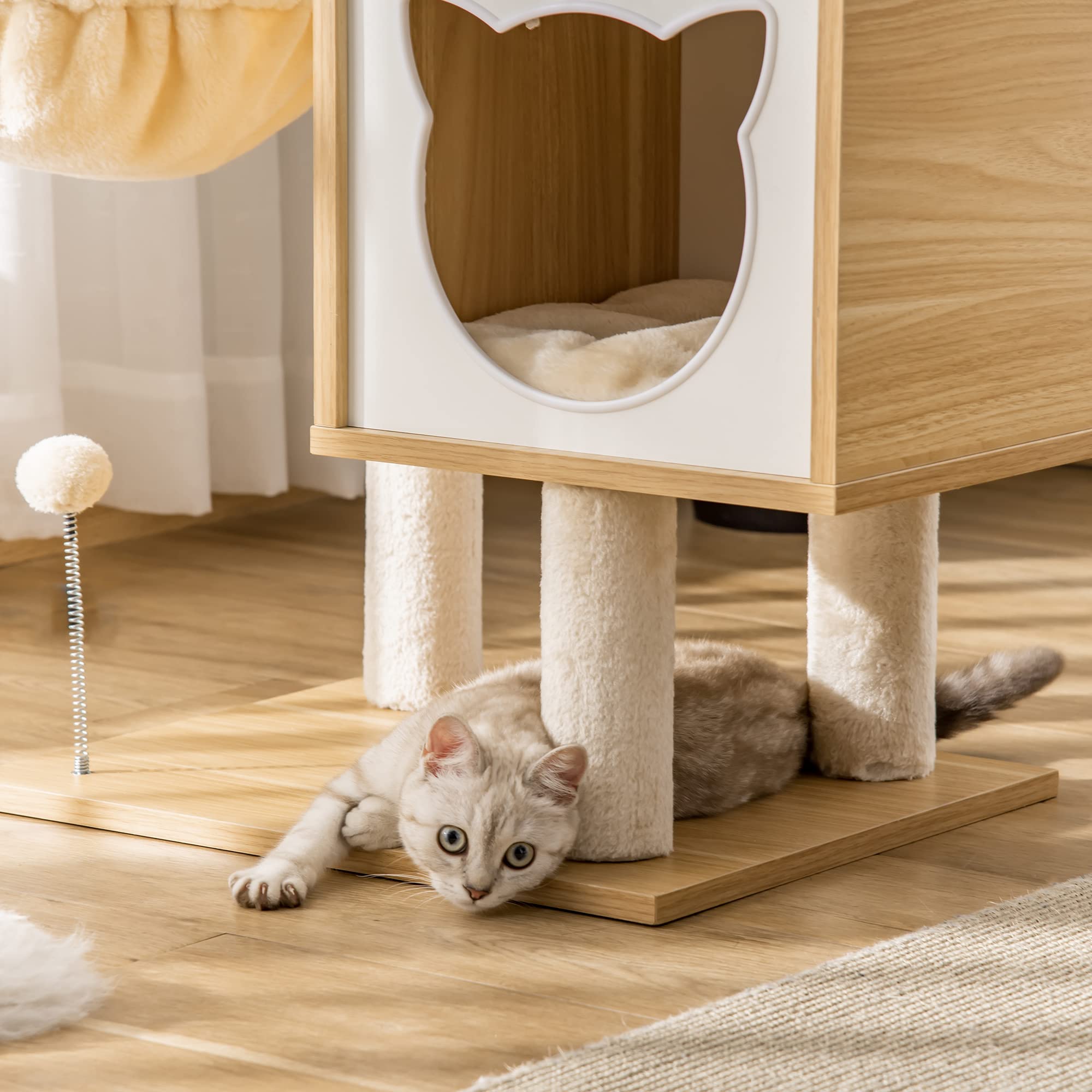 PawHut Árbol Rascador para Gatos 126 cm con Plataformas Hamaca Cueva Beige | Árbol para Gatos, Torre Escalador, Cama, Postes de Sisal, Bolas, Cojines Lavables