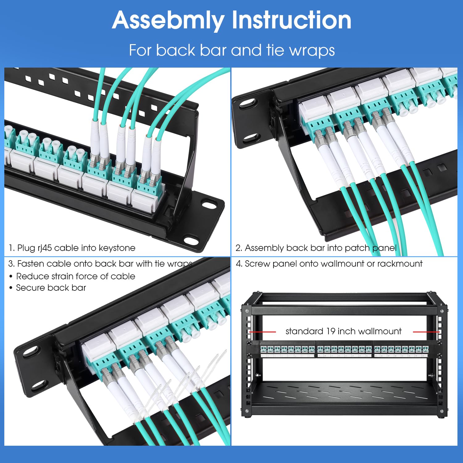 Lot de 2 panneaux de brassage en fibre à montage en rack 1U avec 24 coupleurs de fibre multimode LC-OM3/OM4 Jack Keystone Jack Modulaire (vis de rack incluses)