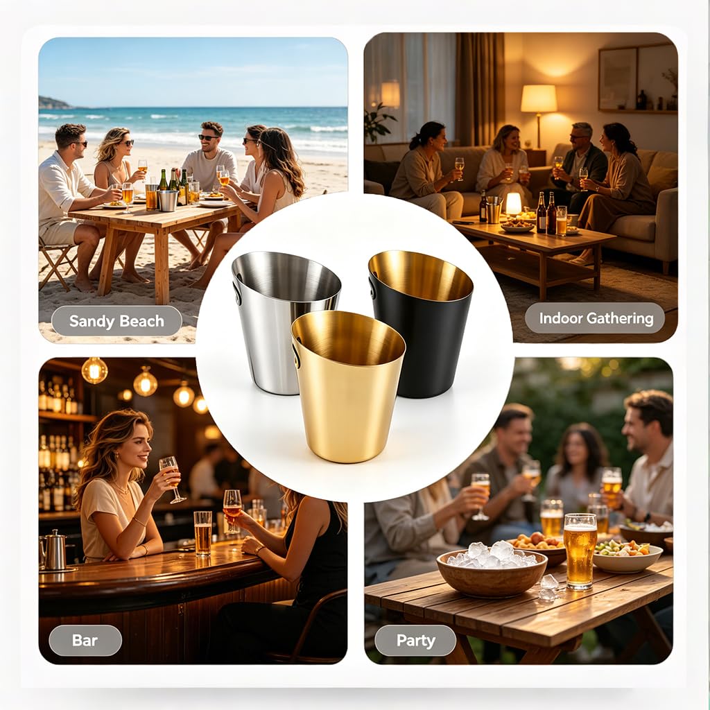 Cubo de champán de acero inoxidable con pinzas para hielo, tina de bebidas de acero inoxidable, cubo de hielo diagonal con asa para bar de cócteles, vino, accesorios de bar en casa, fiestas, 4 cuartos