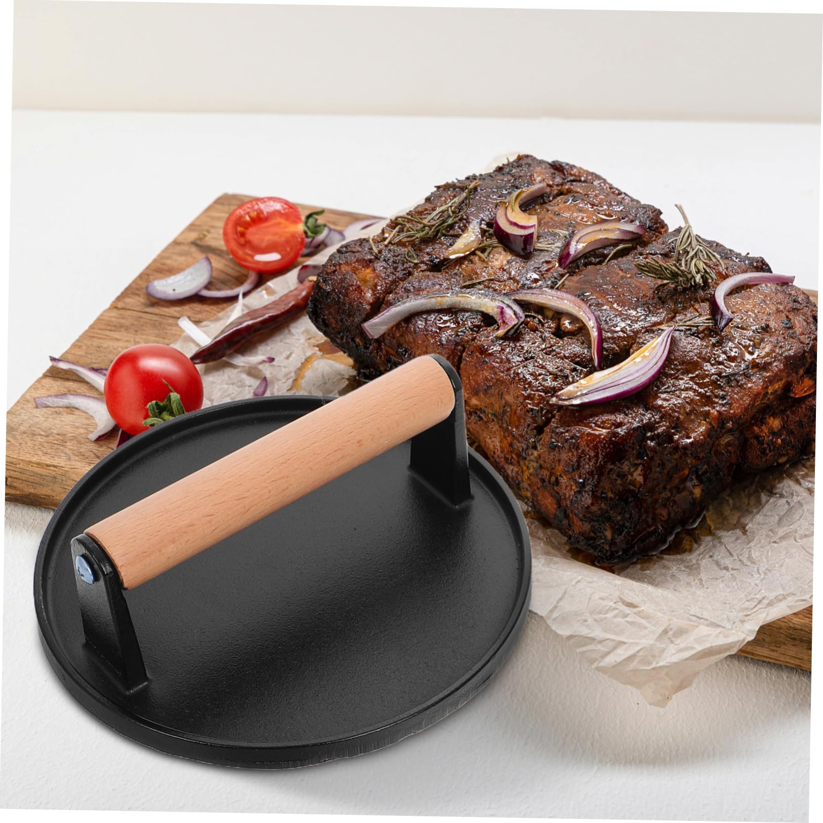 Prensa de Tocino de Hierro Fundido con Mango de Madera Cómodo, Prensa para Hamburguesas Negra Multifuncional para Cocina, Pack de 2 Piezas Redonda y Rectangular