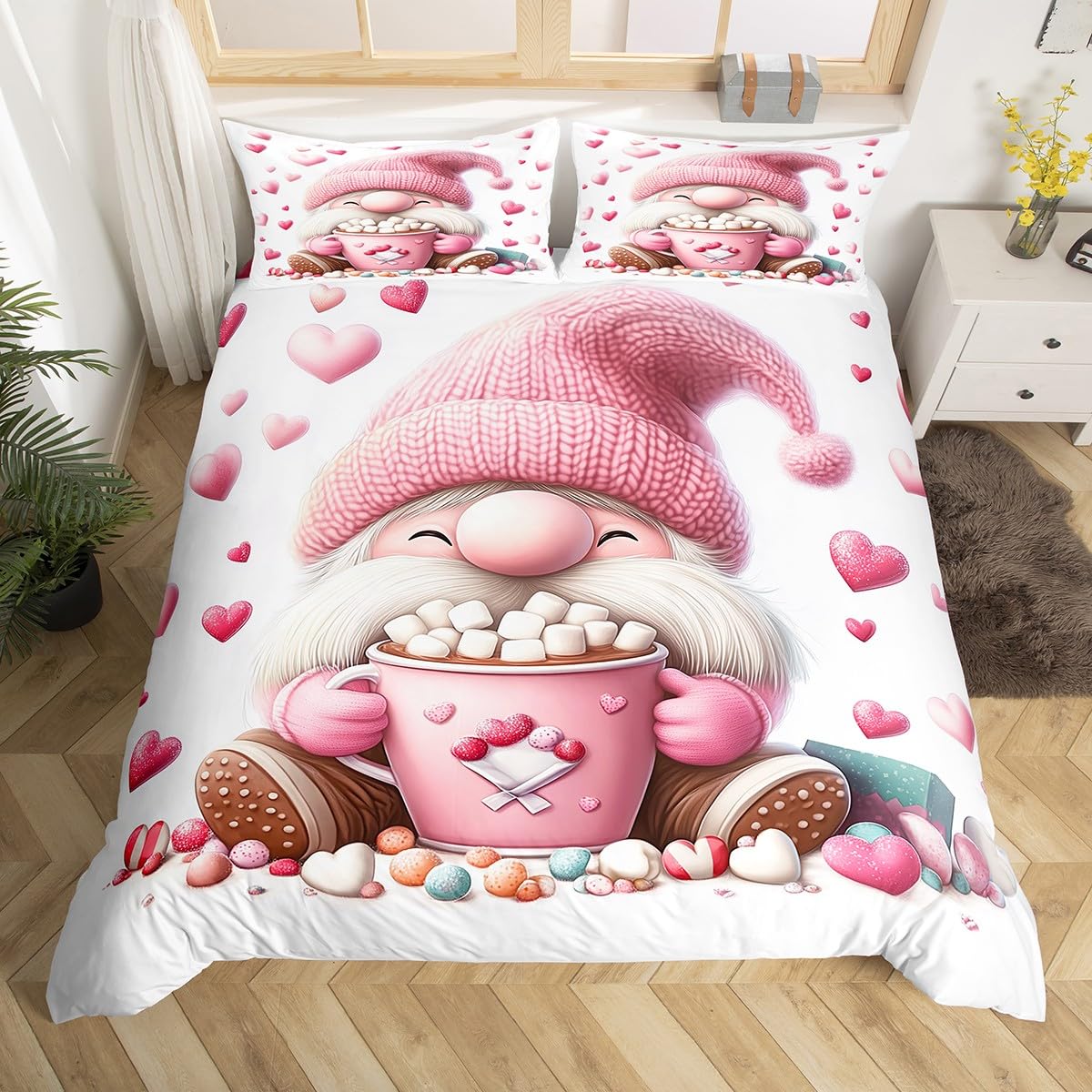 Castle Fairy Cute Gnome Duvet Cover Set Toddler Size,Pink Love Print Pattern Bedding Set(No Comforter),Coffee Dessert Cup Quilt Cover for Kids Bedroom Decor,2 Pcs