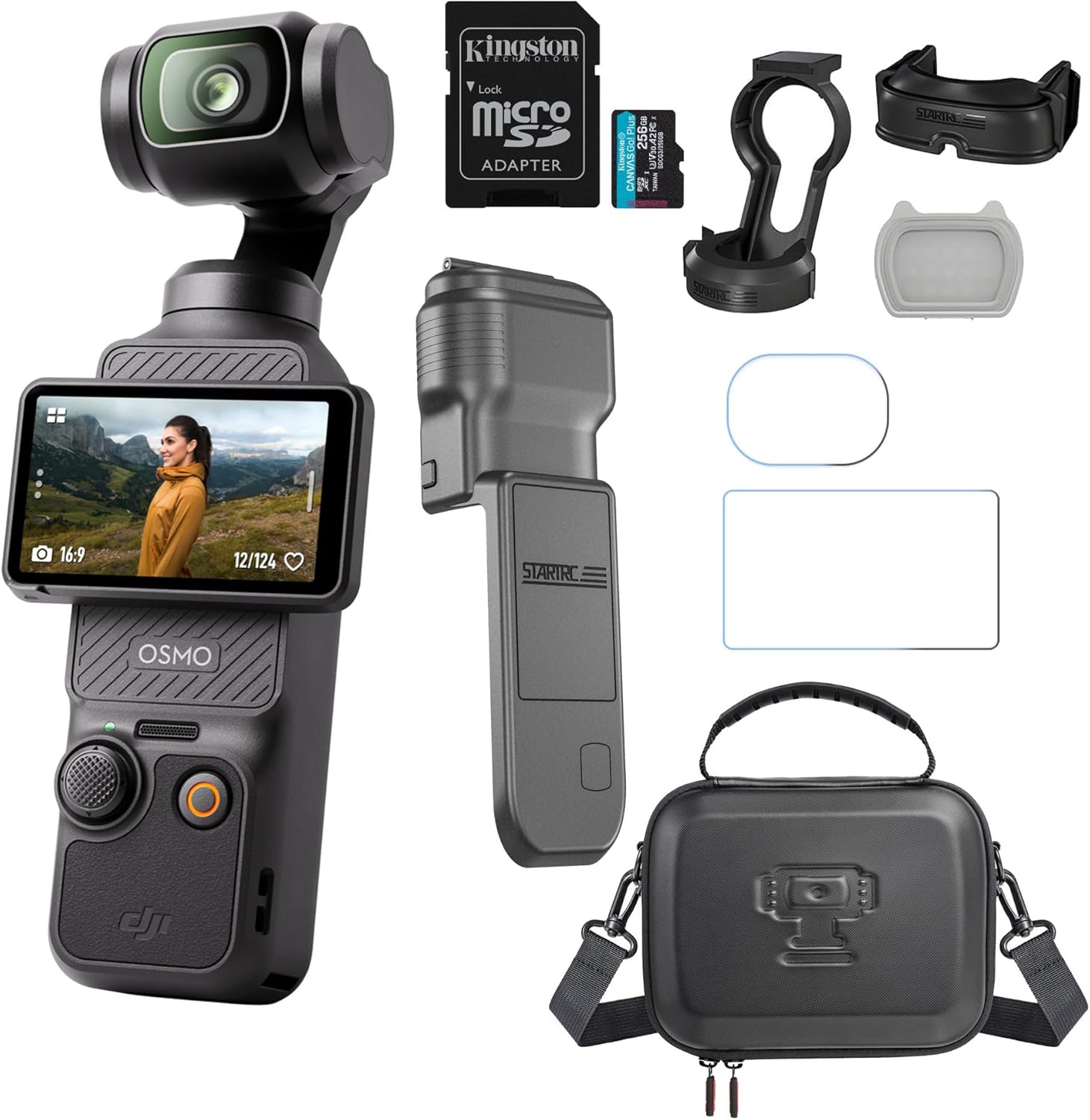 DJI Osmo Pocket 3 with 256GB MicroSD Card, Magnetic Fill-in Light, Screen Protector, Carry Bag, and Tempered Glass Screen Protectors Bundle - Action Camera with 1-Inch CMOS & 4K/120fps (6 Items)