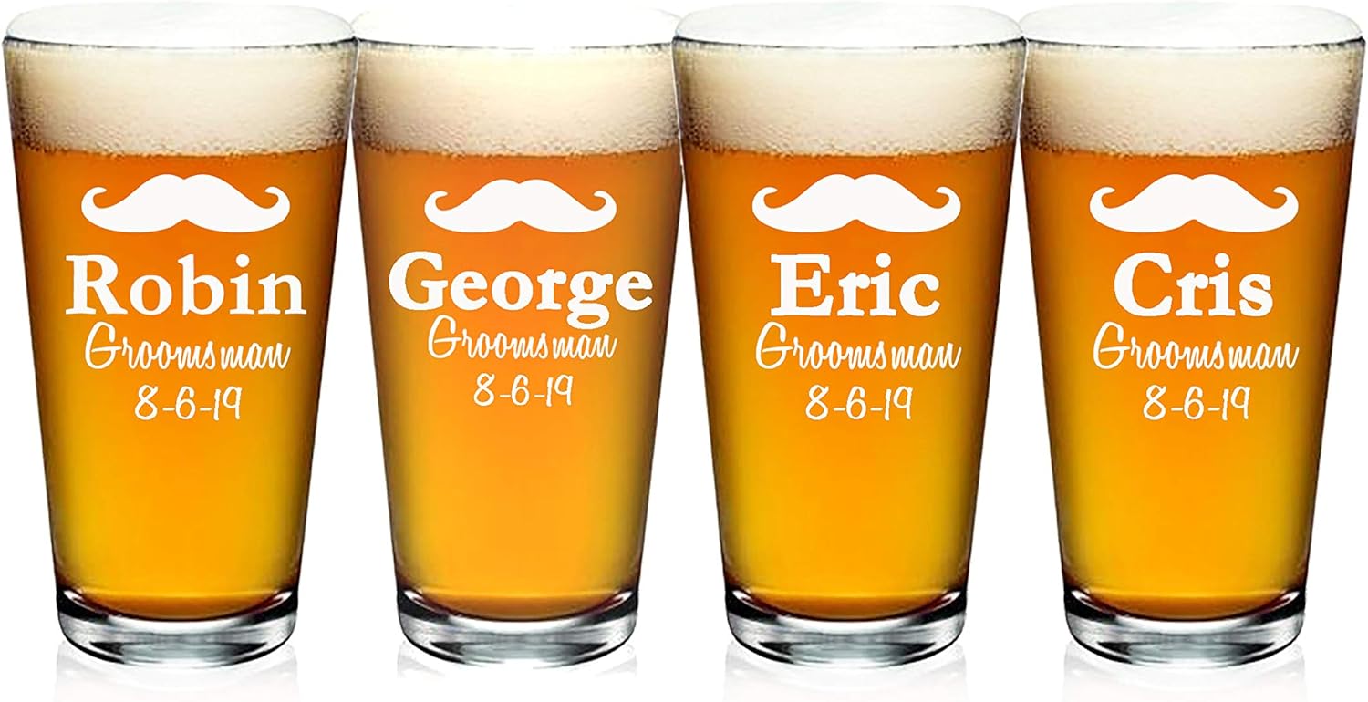 Personalized Beer Glass, Customized Beer Pint Glass For Groomsmen, Set of 4 Pint Beer Glass Gift Wedding